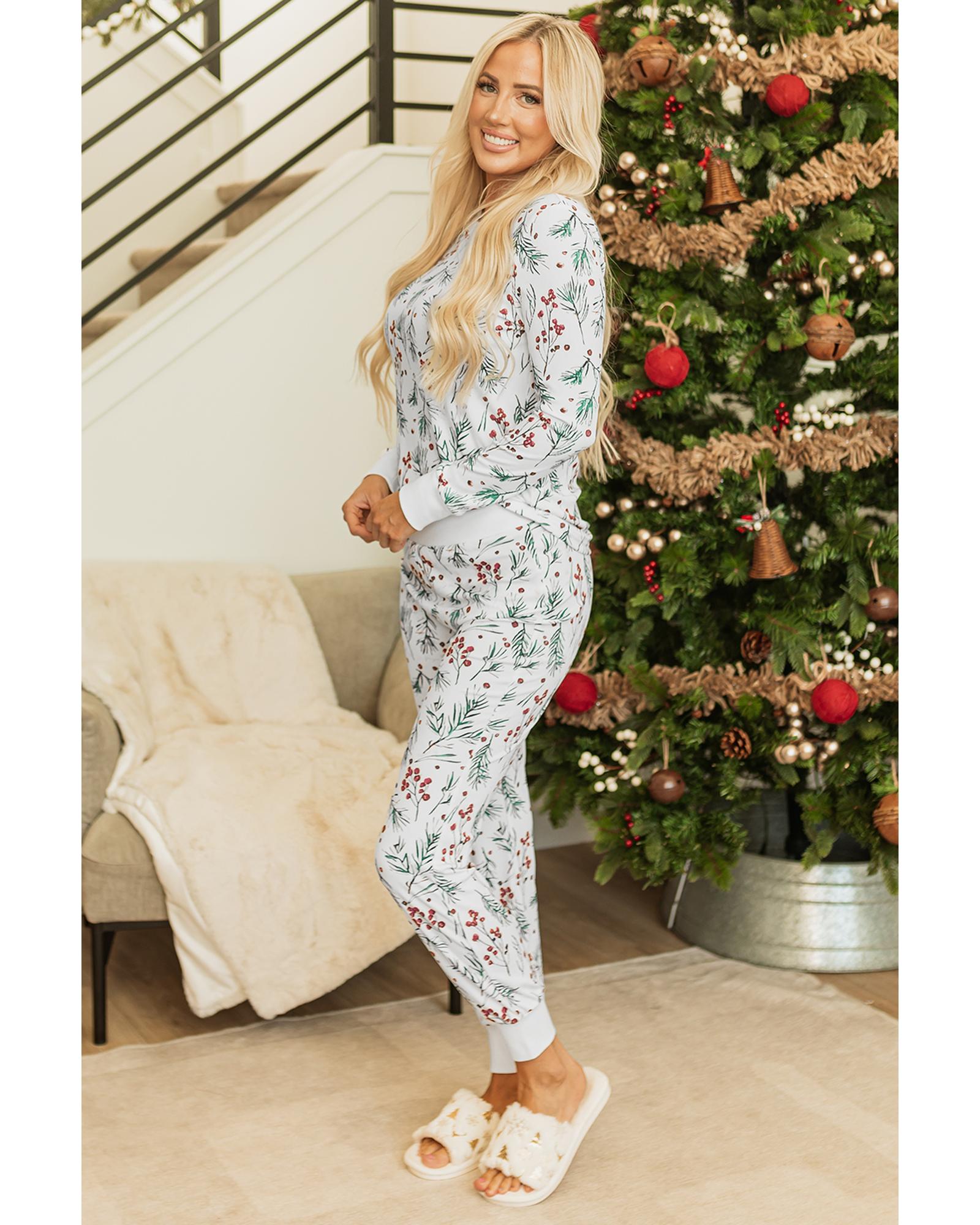 White Holly Print Thermal Pullover Pants Lounge Set - M