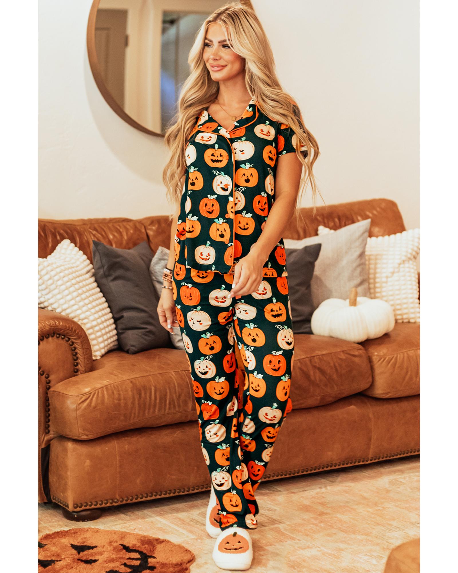 Orange Halloween Pattern Short Sleeve Shirt Pajama Set - M