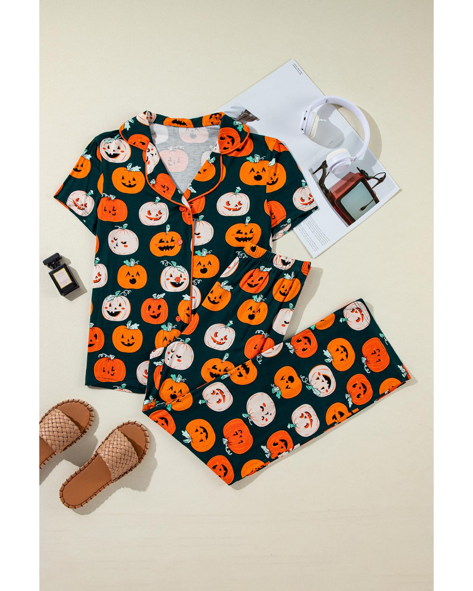 Orange Halloween Pattern Short Sleeve Shirt Pajama Set - M