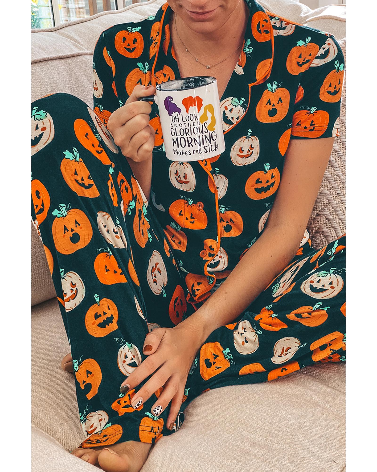Orange Halloween Pattern Short Sleeve Shirt Pajama Set - M