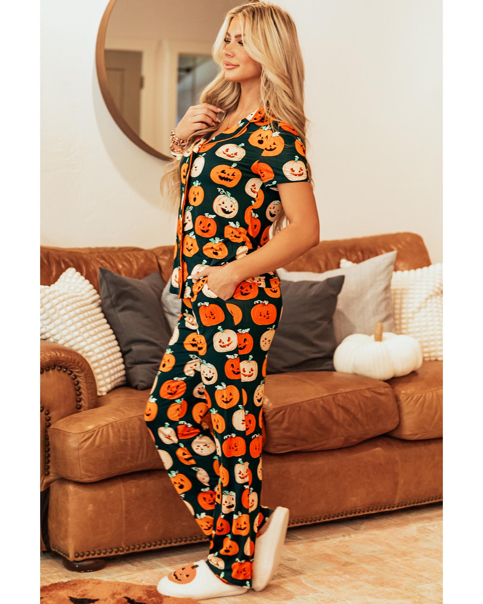 Orange Halloween Pattern Short Sleeve Shirt Pajama Set - M