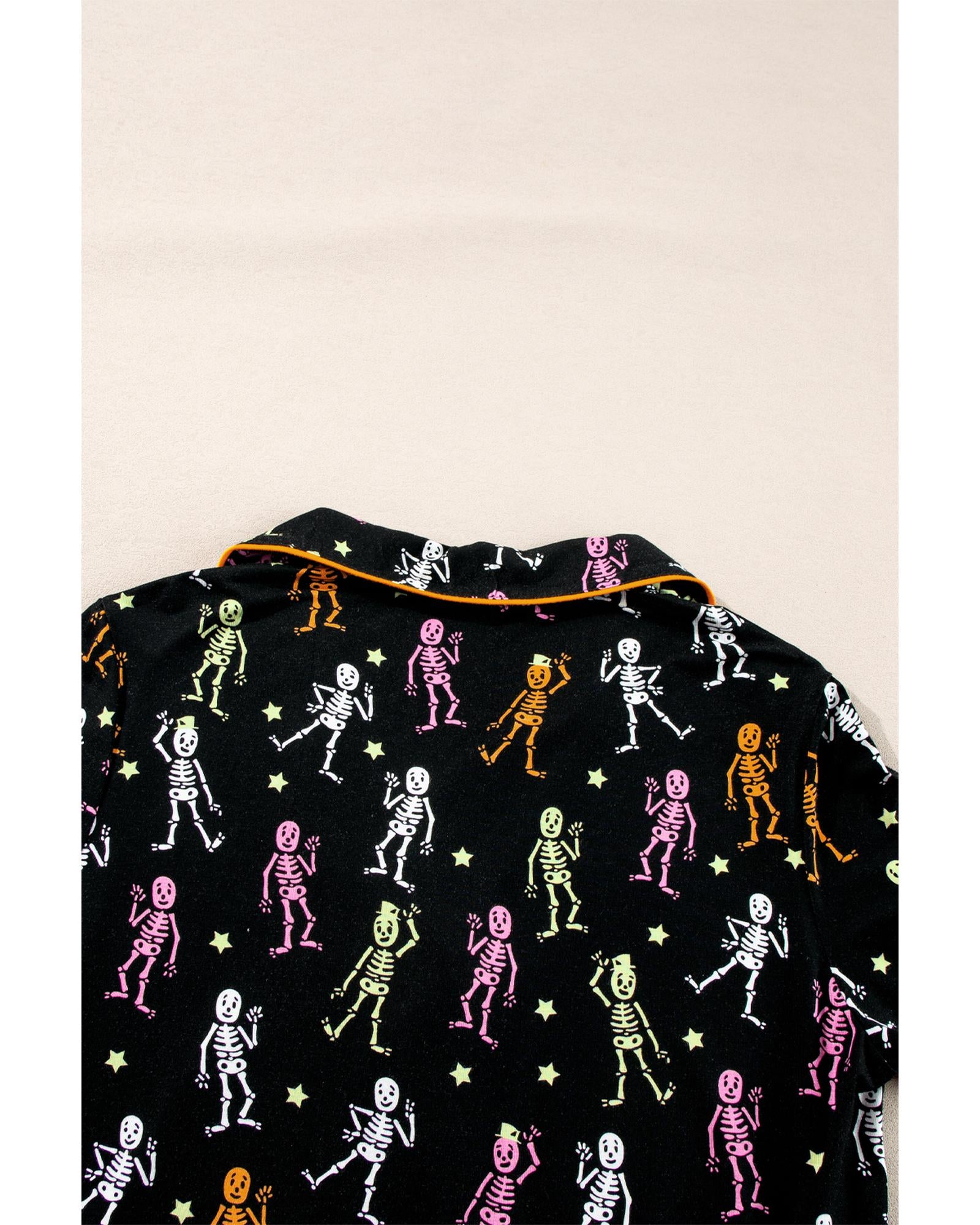 Black Halloween Pattern Short Sleeve Shirt Pajama Set - L