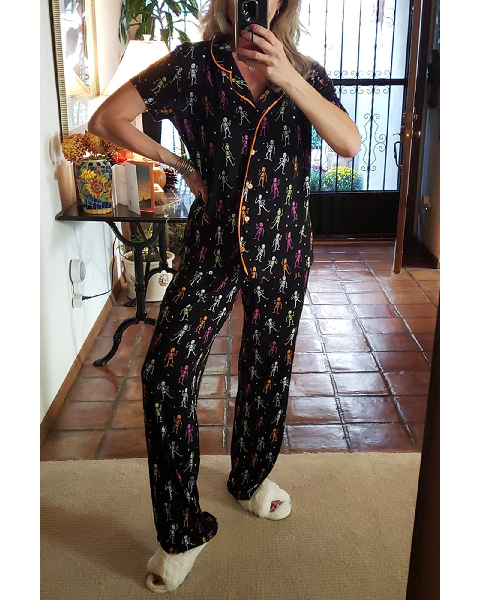 Black Halloween Pattern Short Sleeve Shirt Pajama Set - L