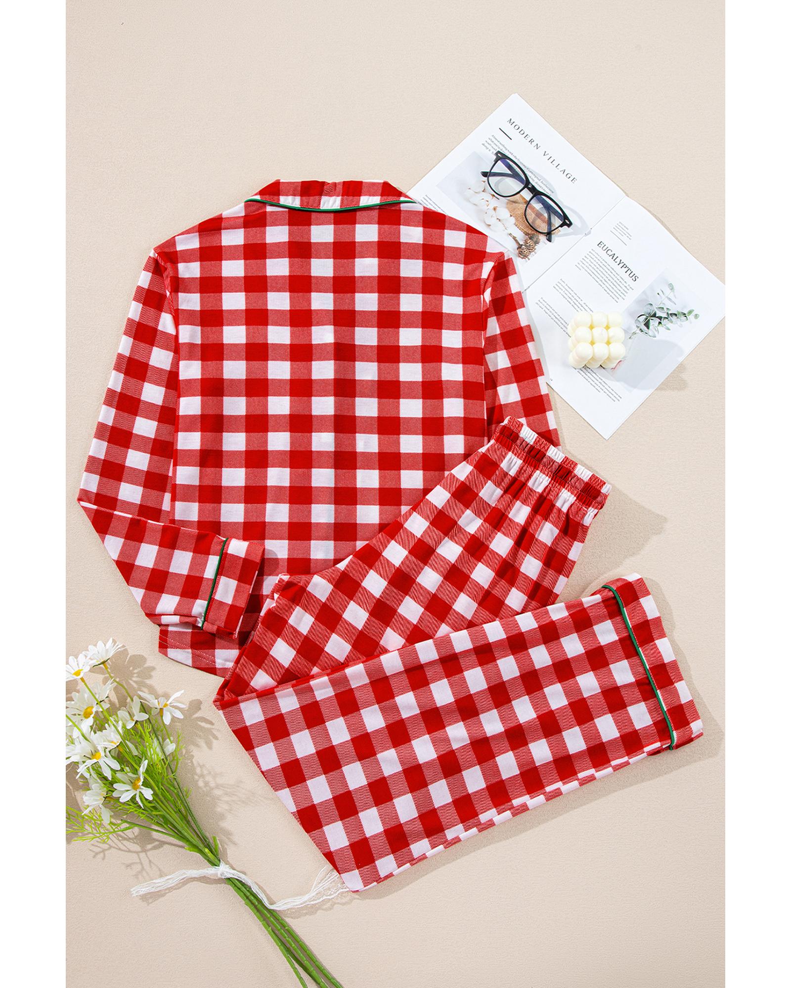 Fiery Red Christmas Plaid Print Shirt and Pants Pajama Set - M