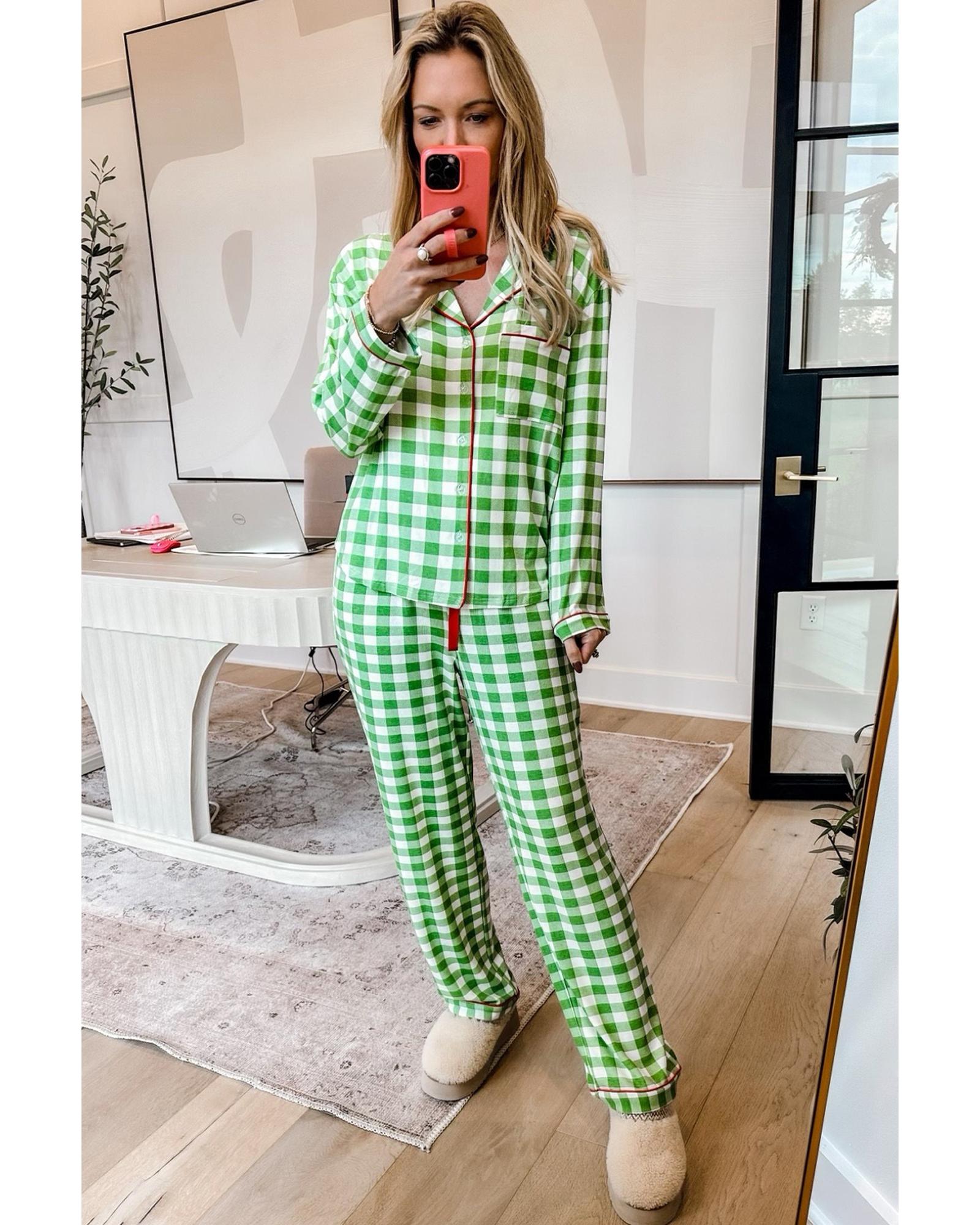 Light Green Christmas Plaid Print Shirt and Pants Pajama Set - XL