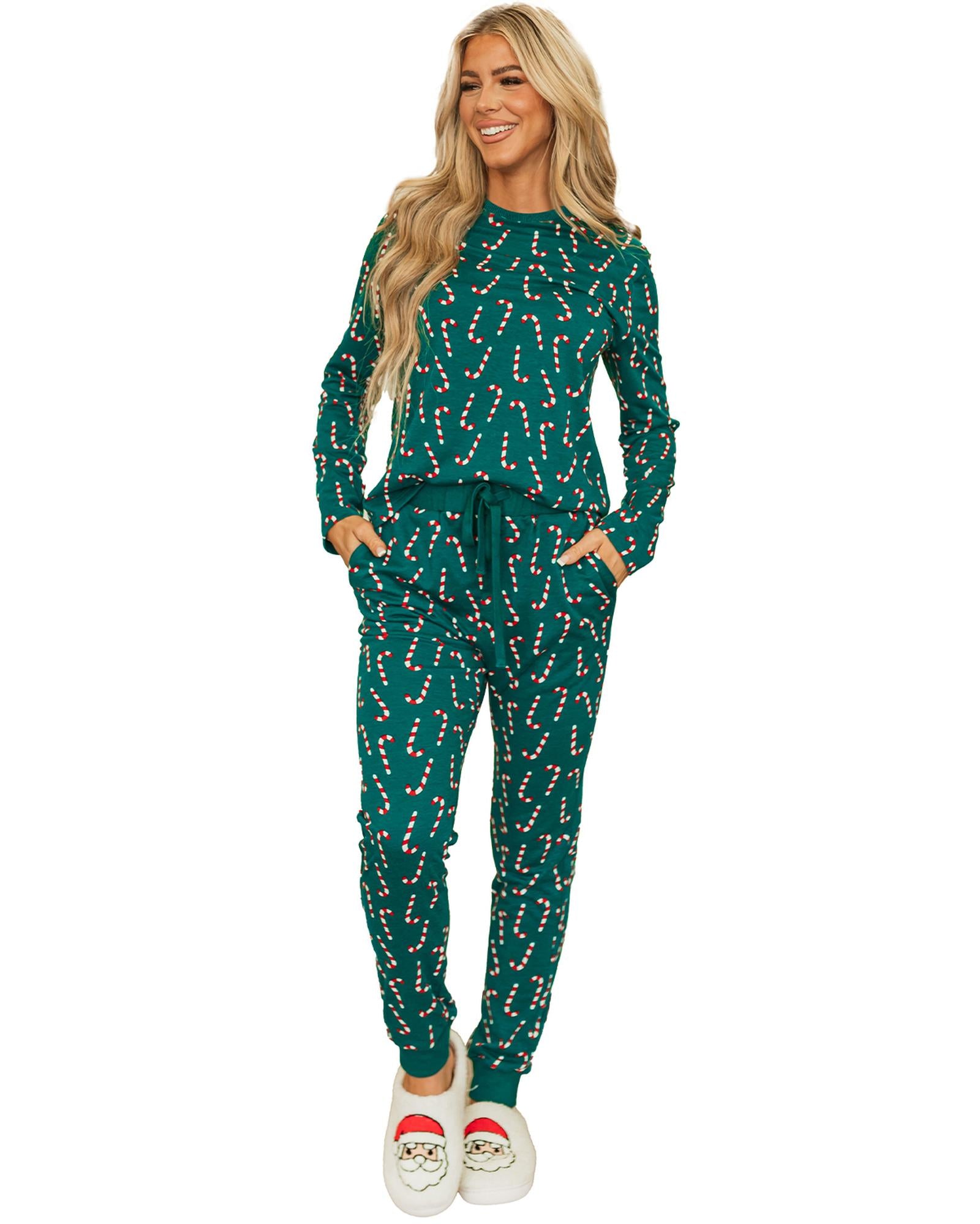 Green Christmas Candy Cane Printed Top and Pants Lounge Set - M