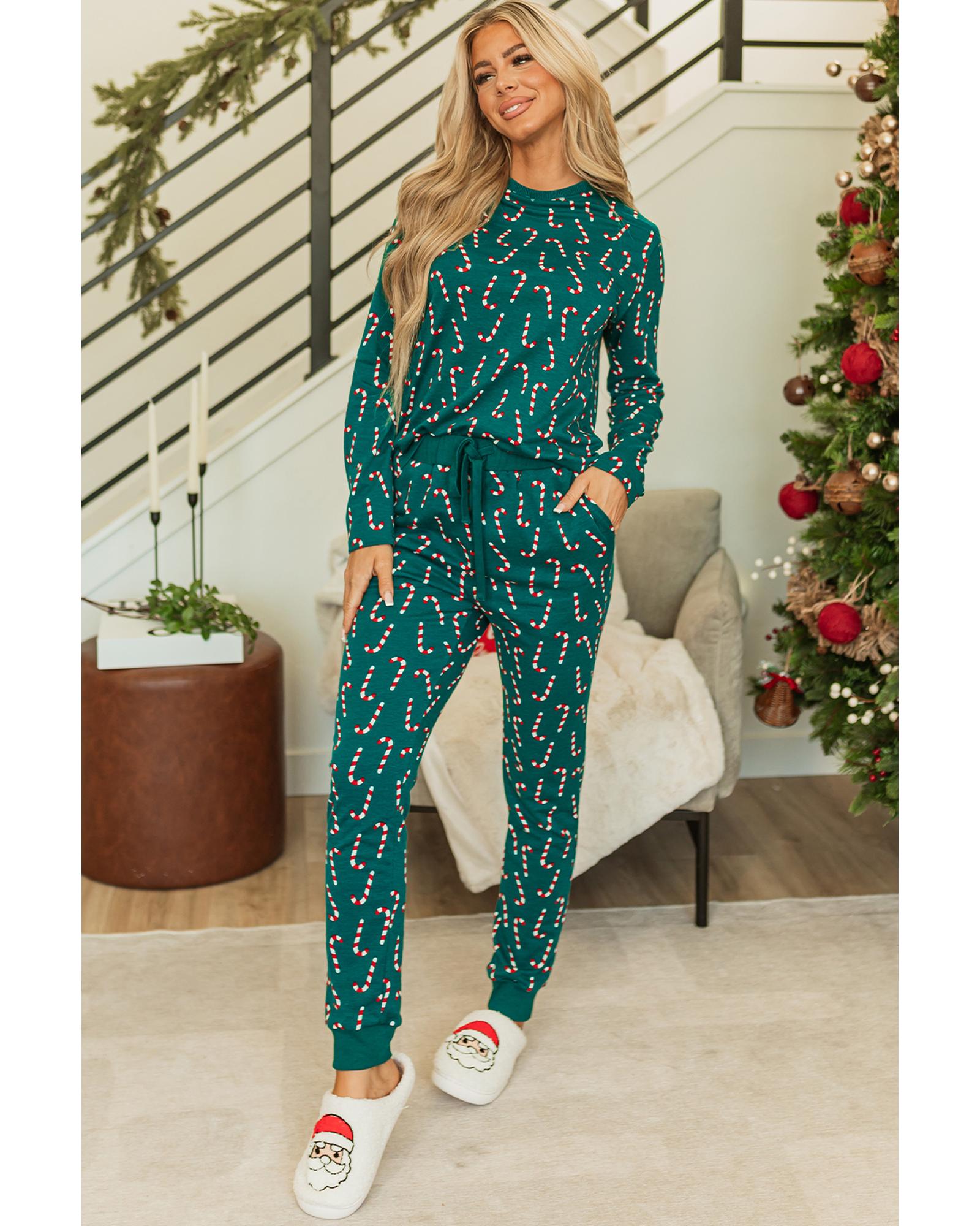 Green Christmas Candy Cane Printed Top and Pants Lounge Set - S
