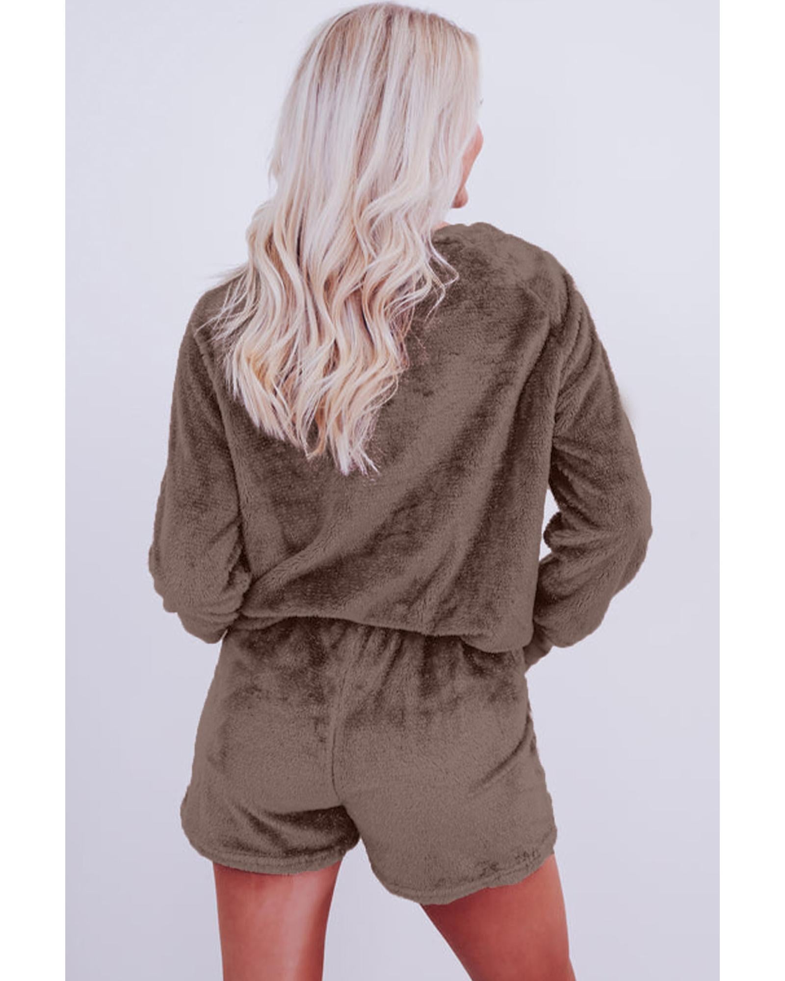 Coffee Solid Loose Fit Two Piece Fleece Lounge Set - 2XL