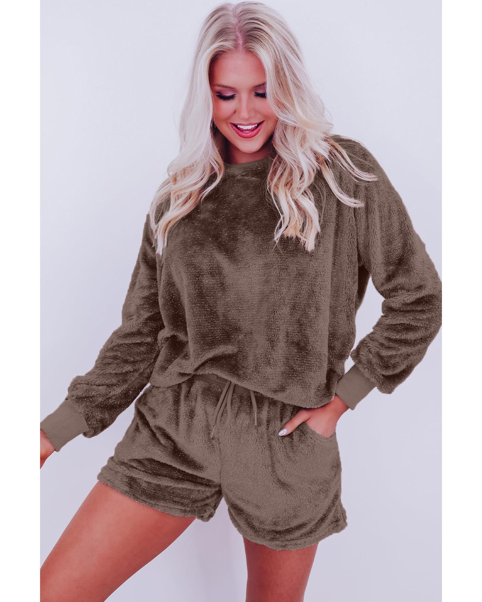 Coffee Solid Loose Fit Two Piece Fleece Lounge Set - 2XL