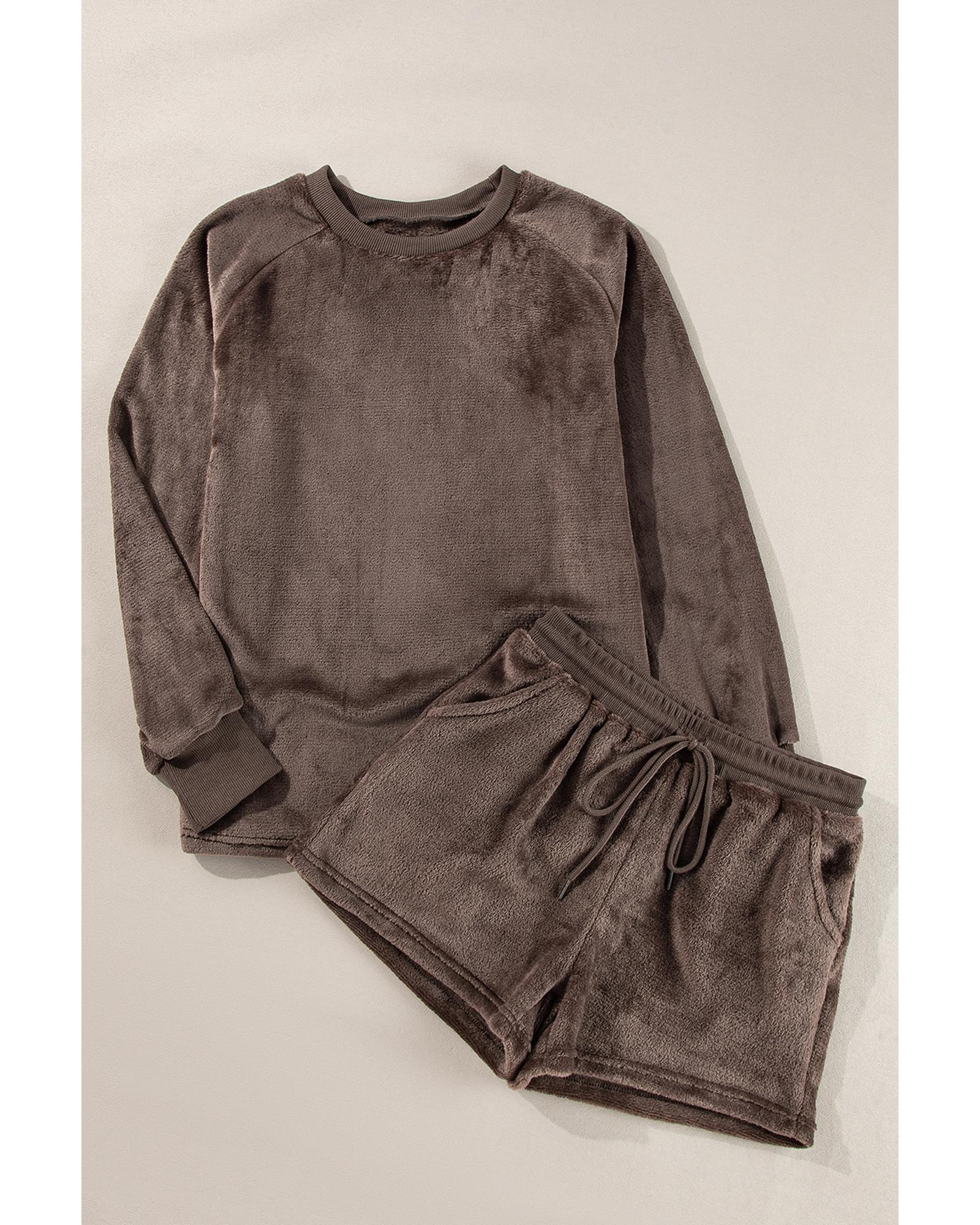 Coffee Solid Loose Fit Two Piece Fleece Lounge Set - 2XL