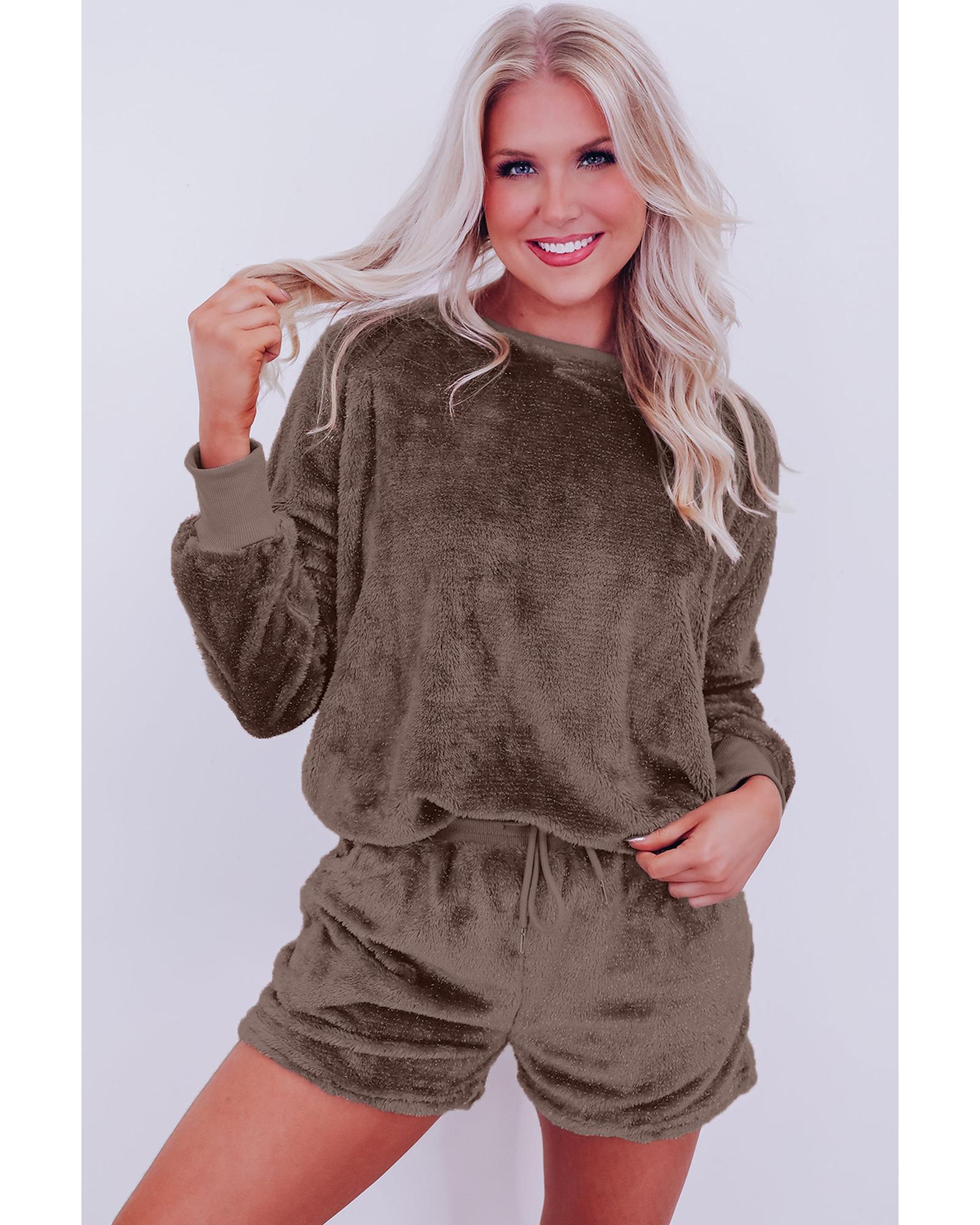 Coffee Solid Loose Fit Two Piece Fleece Lounge Set - XL