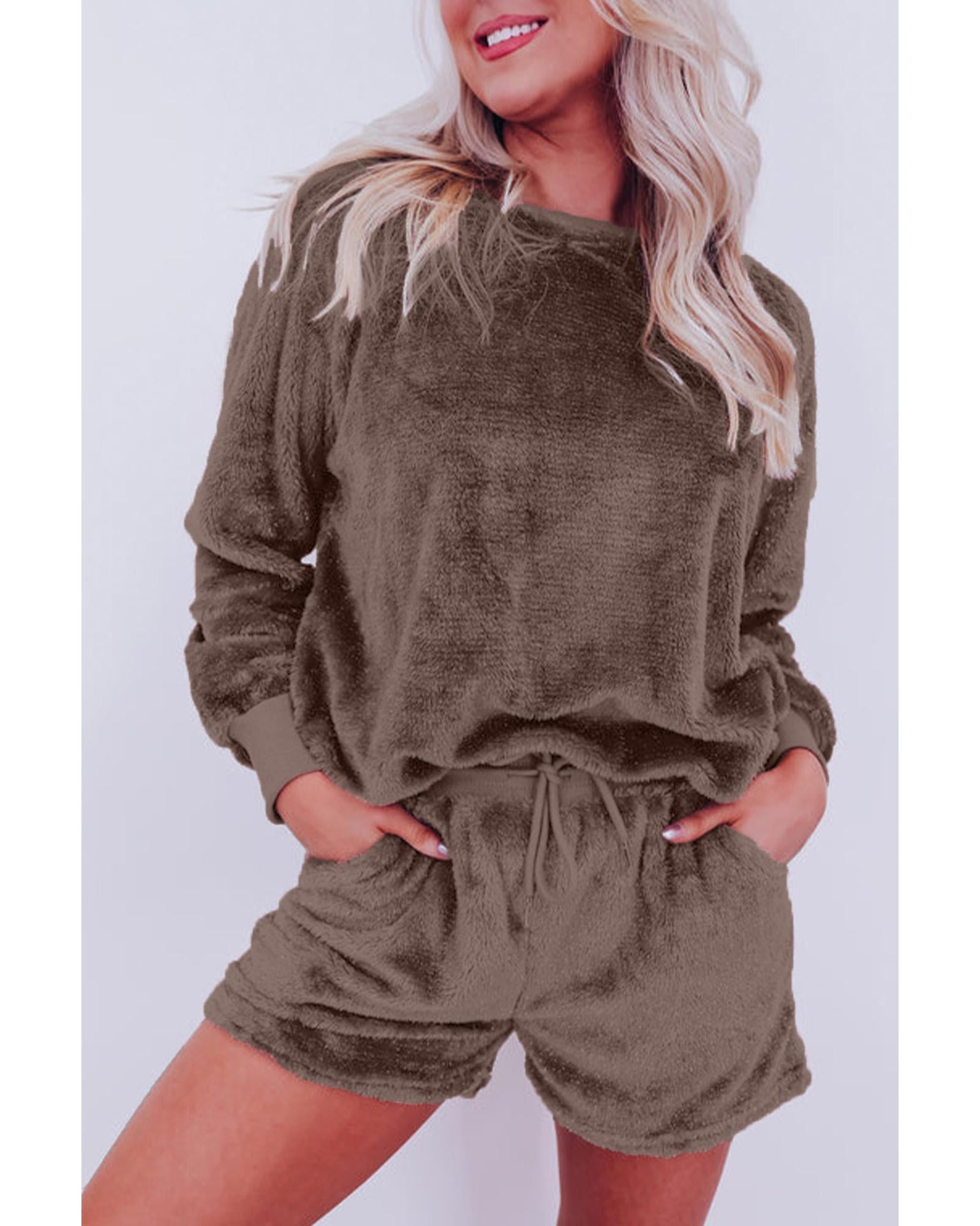 Coffee Solid Loose Fit Two Piece Fleece Lounge Set - XL
