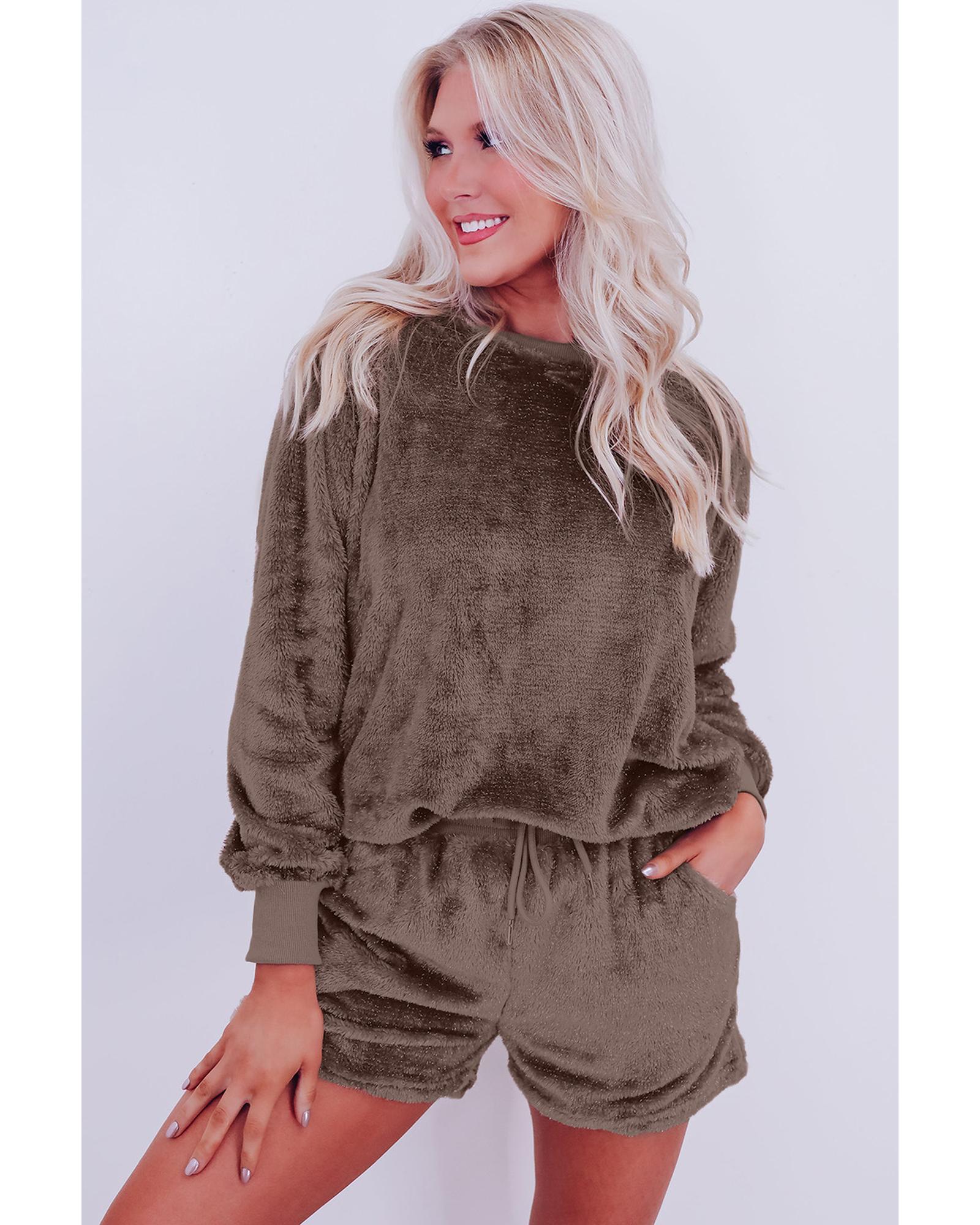 Coffee Solid Loose Fit Two Piece Fleece Lounge Set - XL
