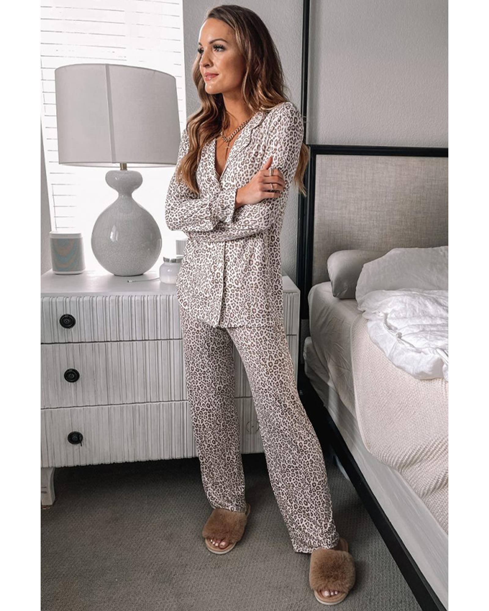 White Leopard Print Long Sleeve and Pants Pajamas Set - M