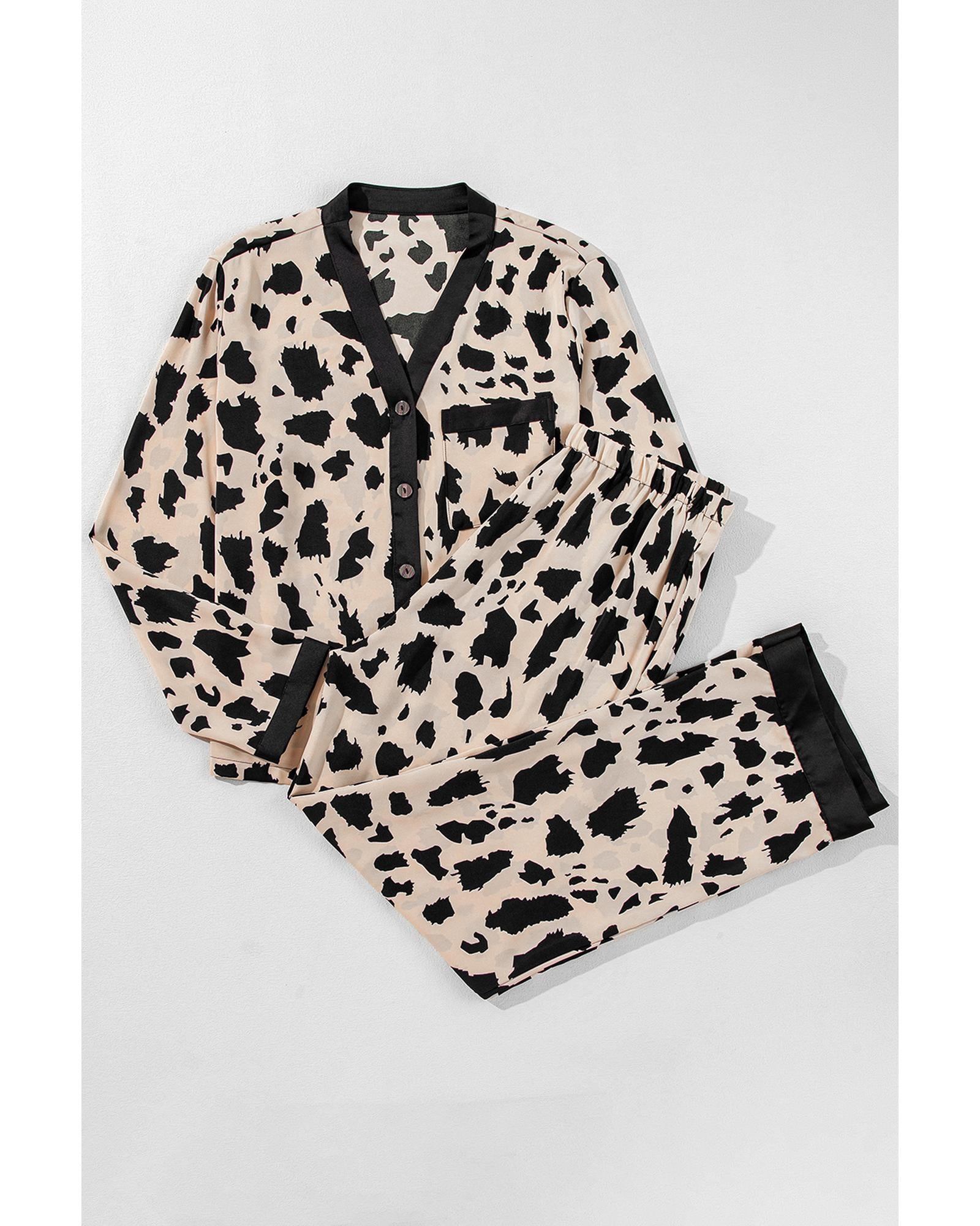 Khaki Cheetah Contrast Trim Loose Fit Two Piece Sleepwear - S