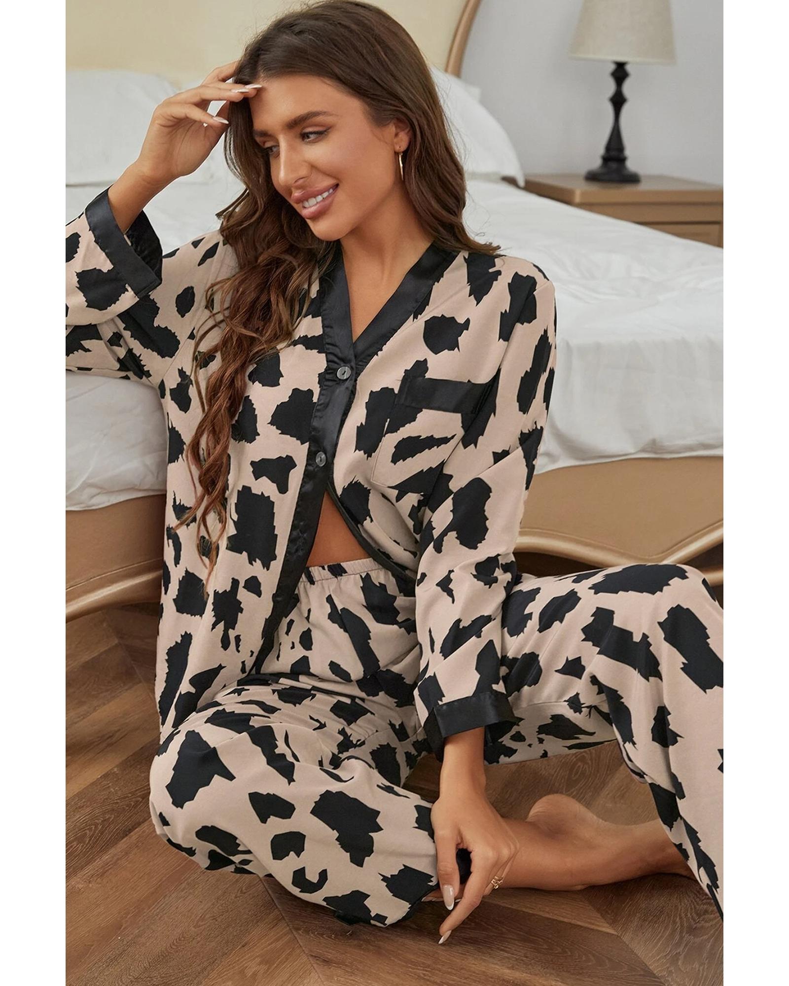 Khaki Cheetah Contrast Trim Loose Fit Two Piece Sleepwear - S