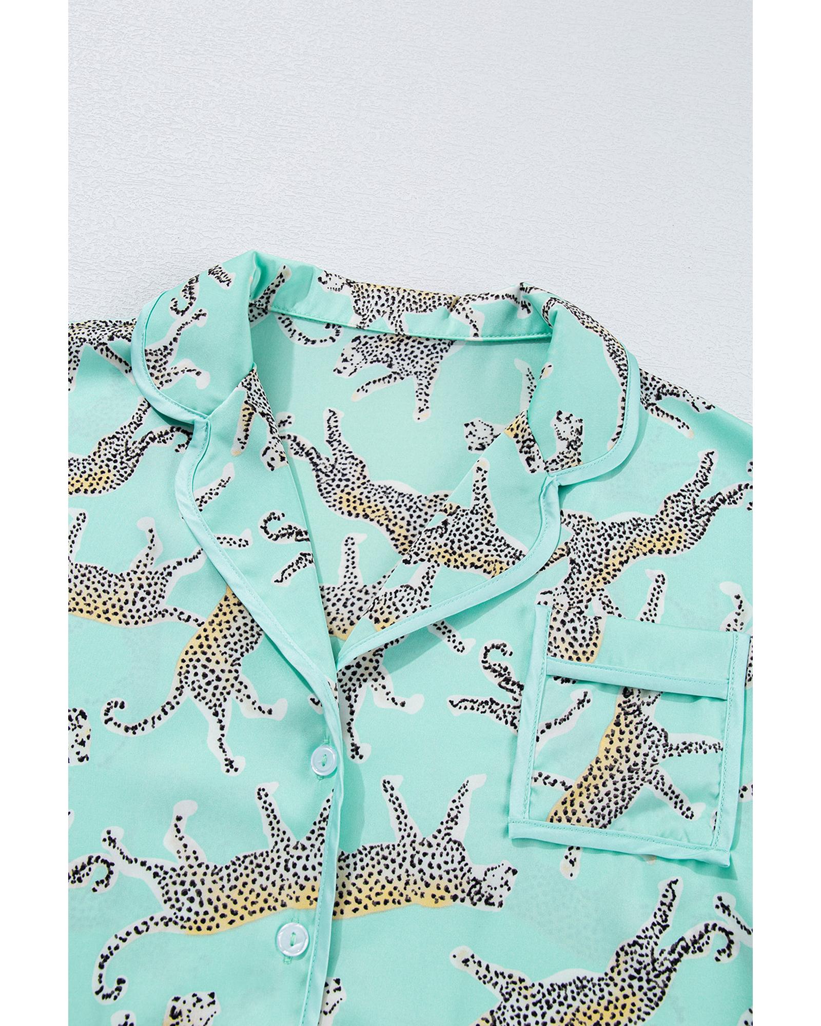 Green Leopard Satin Ruffle Pajama Short Set - M