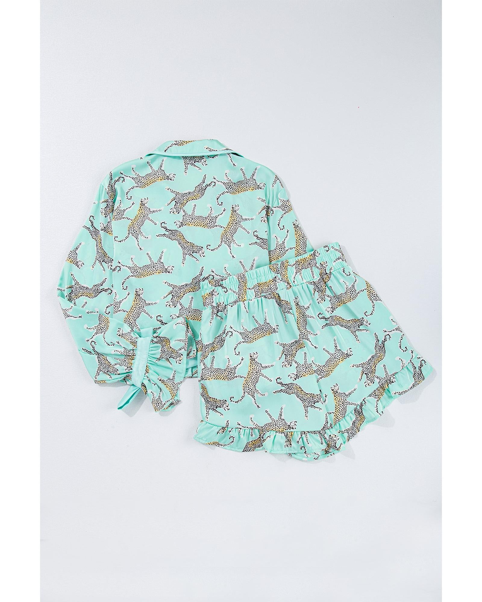Green Leopard Satin Ruffle Pajama Short Set - M