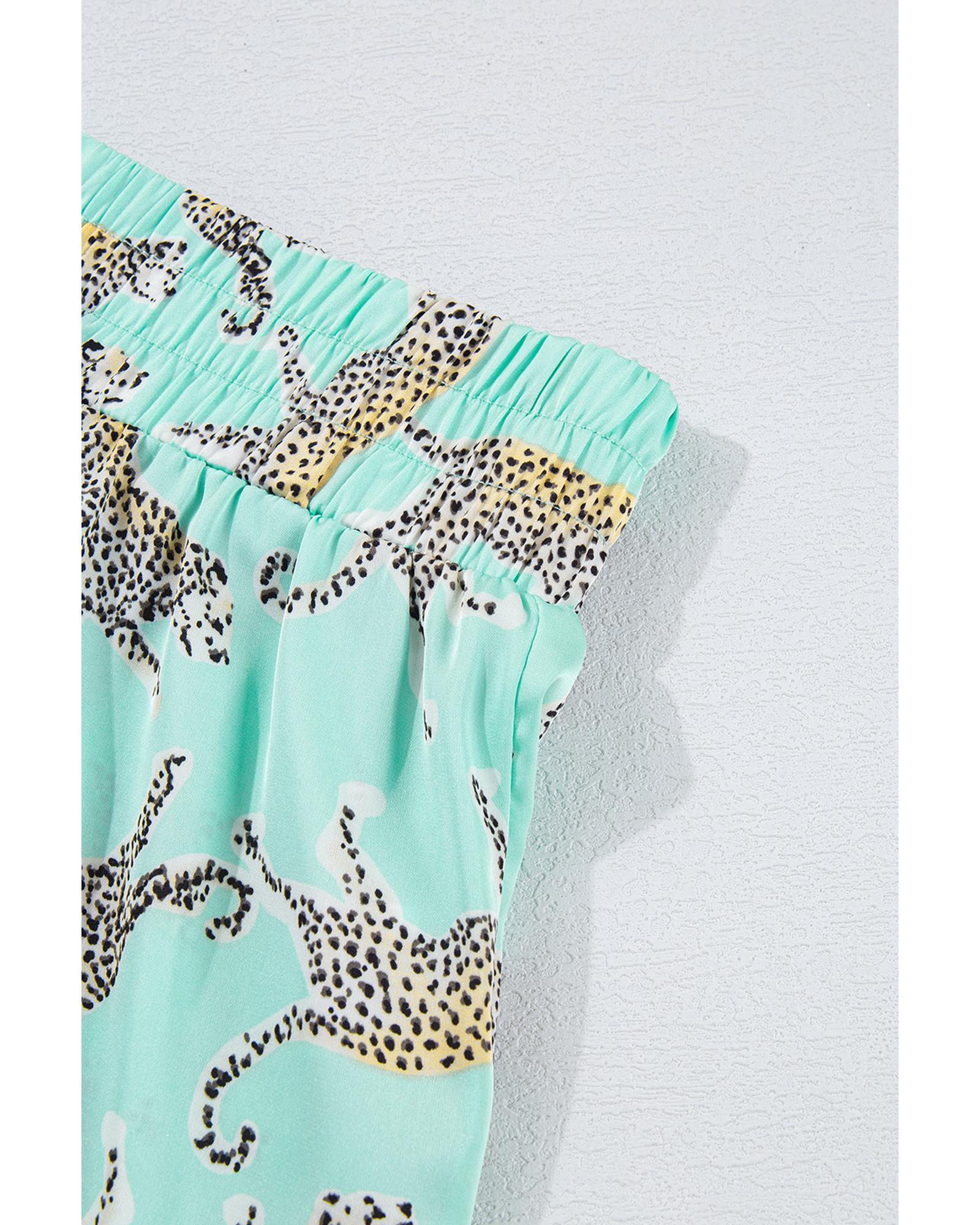 Green Leopard Satin Ruffle Pajama Short Set - M
