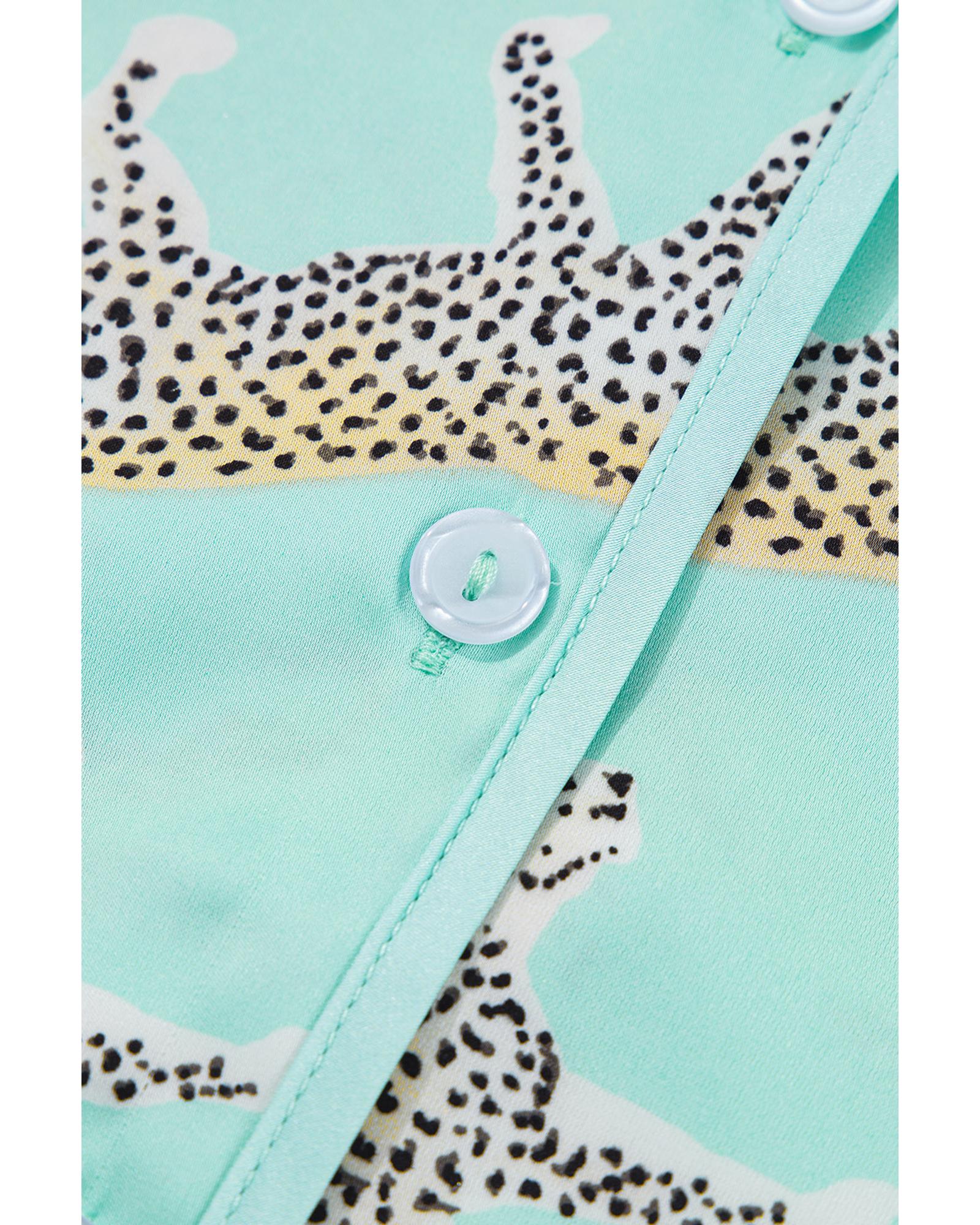 Green Leopard Satin Ruffle Pajama Short Set - M