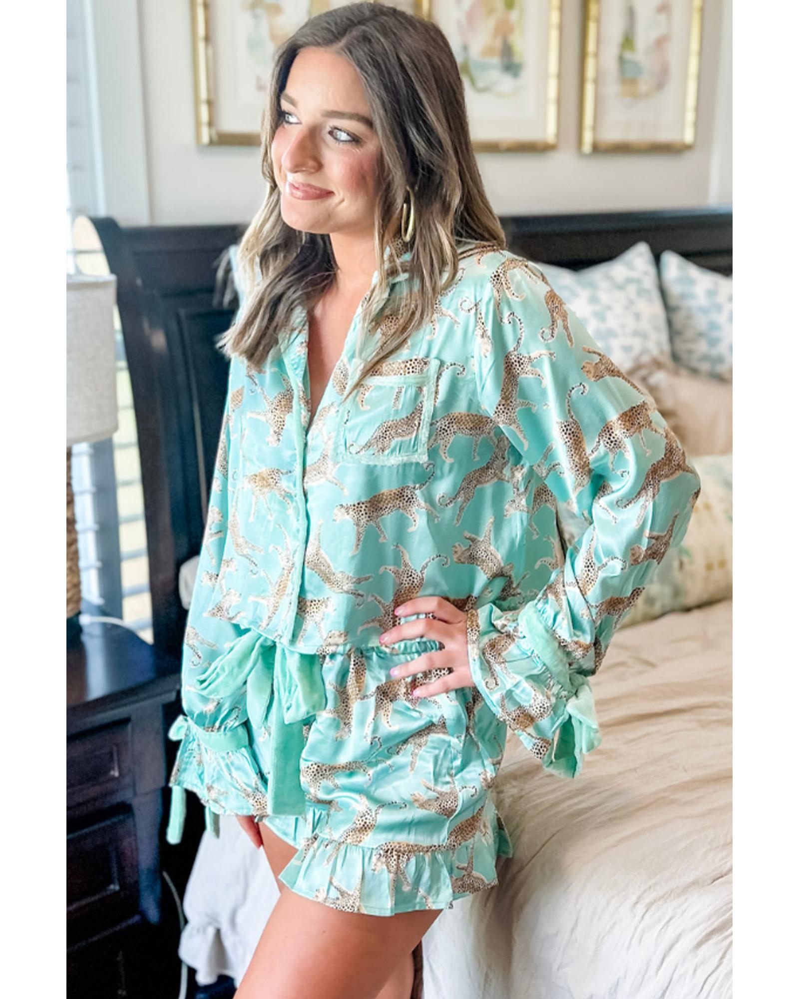 Green Leopard Satin Ruffle Pajama Short Set - S