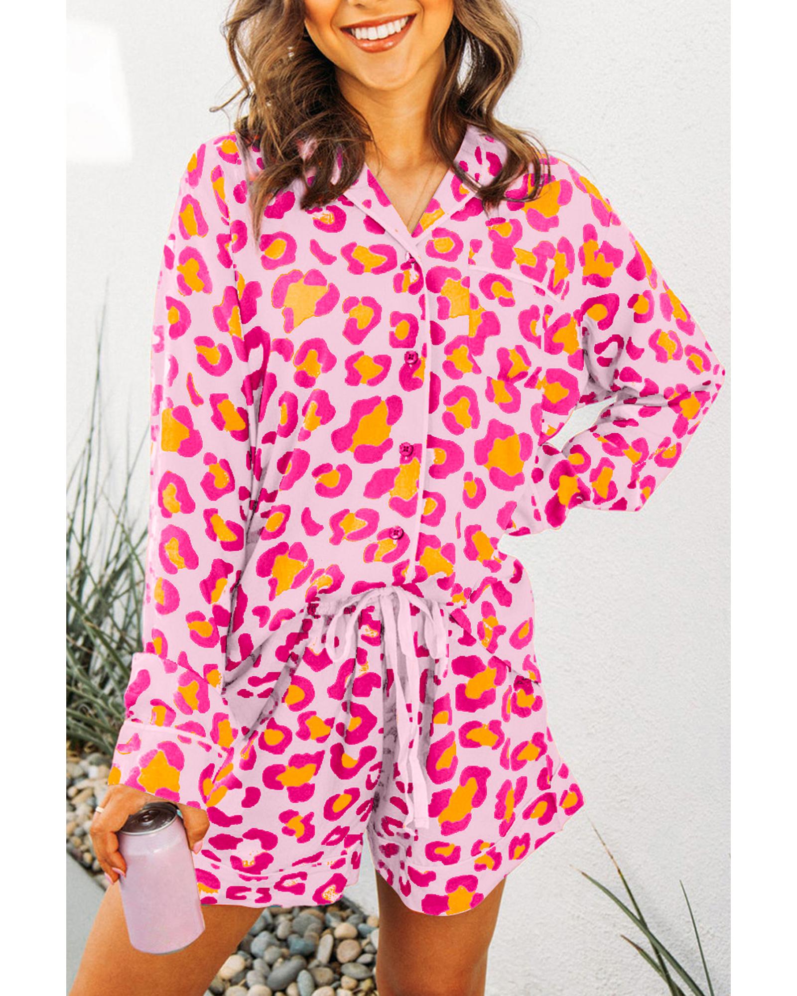Pink Leopard Print Long Sleeve Shirt and Shorts Pajama Set - L