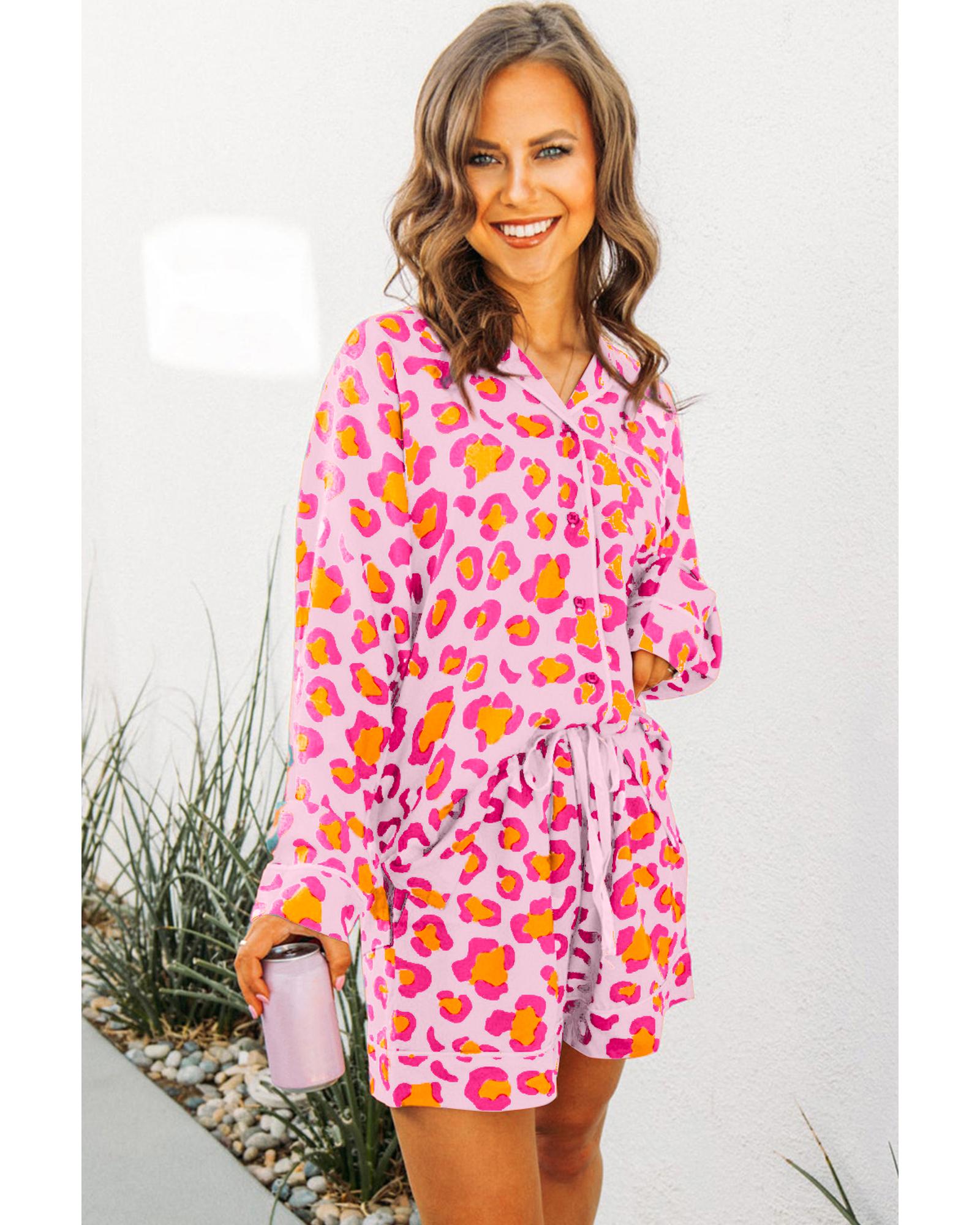 Pink Leopard Print Long Sleeve Shirt and Shorts Pajama Set - L