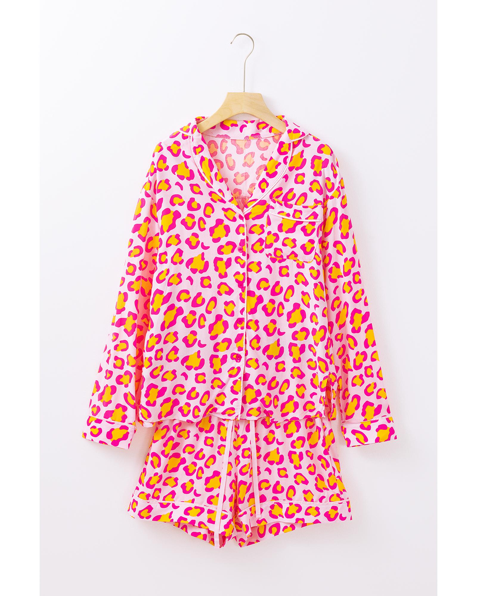 Pink Leopard Print Long Sleeve Shirt and Shorts Pajama Set - S