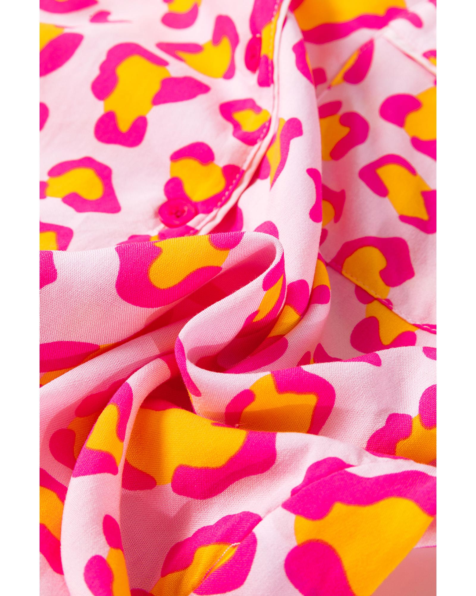 Pink Leopard Print Long Sleeve Shirt and Shorts Pajama Set - XL