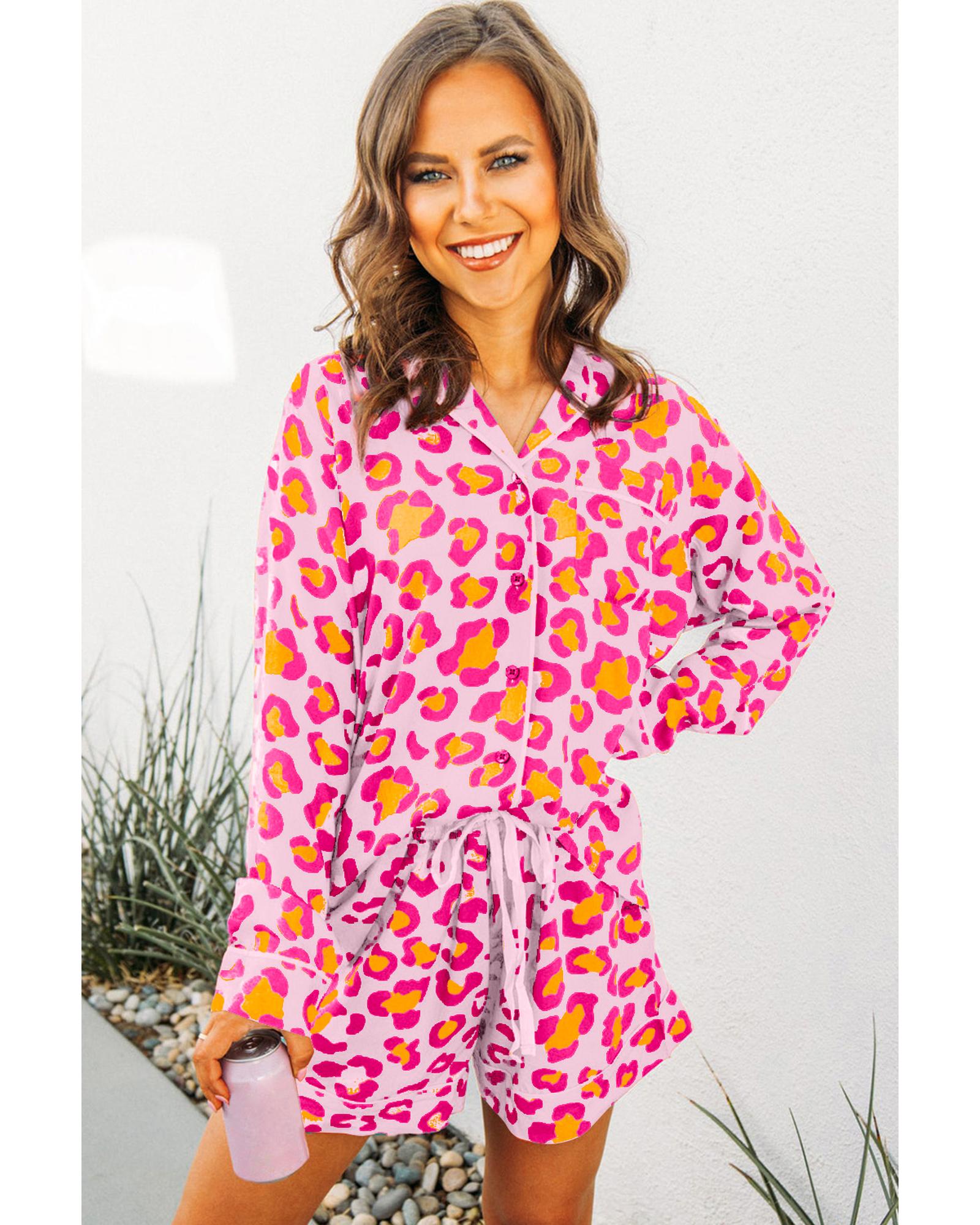 Pink Leopard Print Long Sleeve Shirt and Shorts Pajama Set - XL