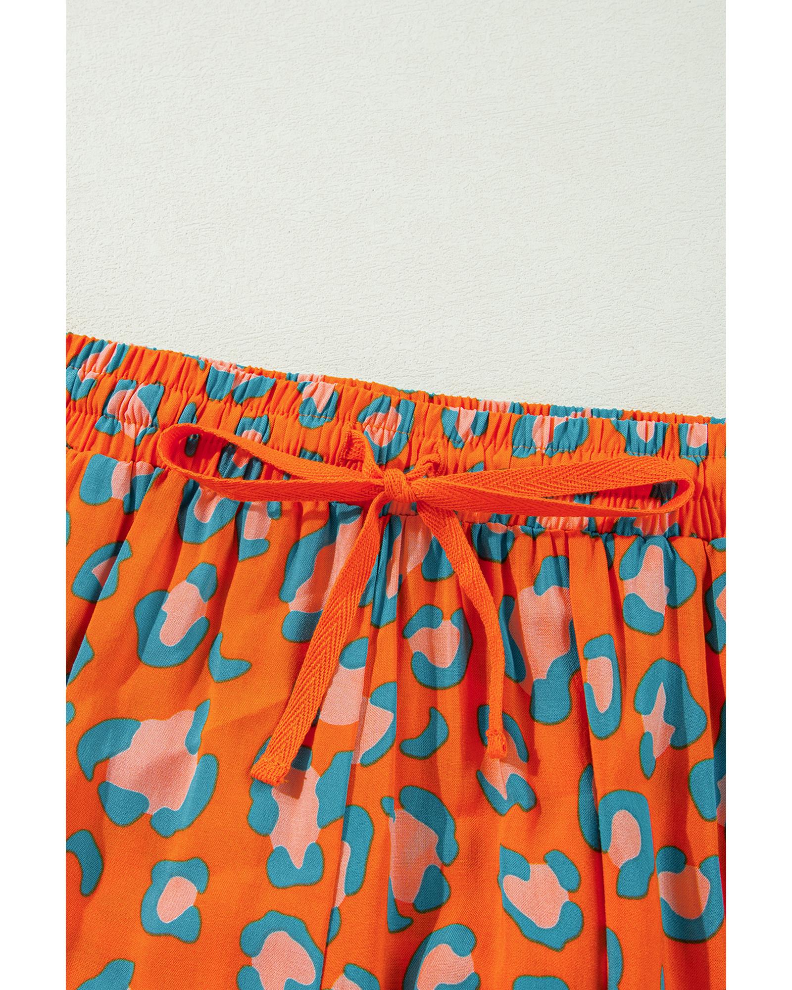 Orange Leopard Print Long Sleeve Shirt and Shorts Pajama Set - L
