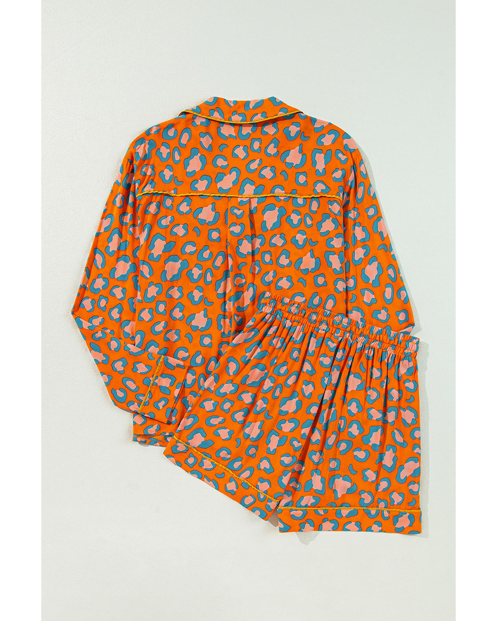 Orange Leopard Print Long Sleeve Shirt and Shorts Pajama Set - L