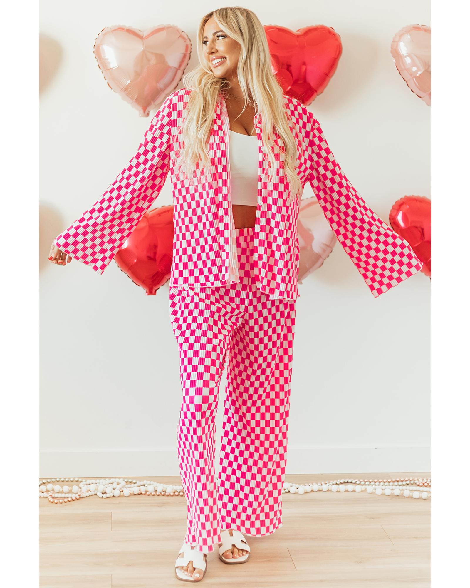 Pink Checkered Buttoned Shirt and High Waist Pants Pajama Set - L