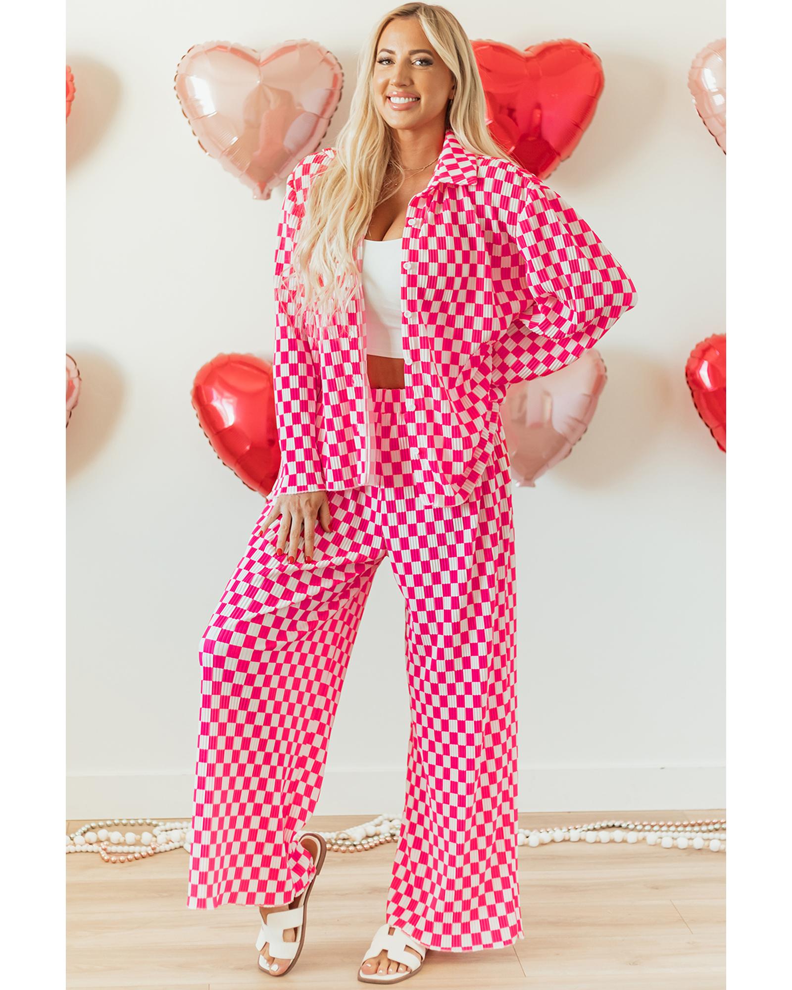 Pink Checkered Buttoned Shirt and High Waist Pants Pajama Set - L