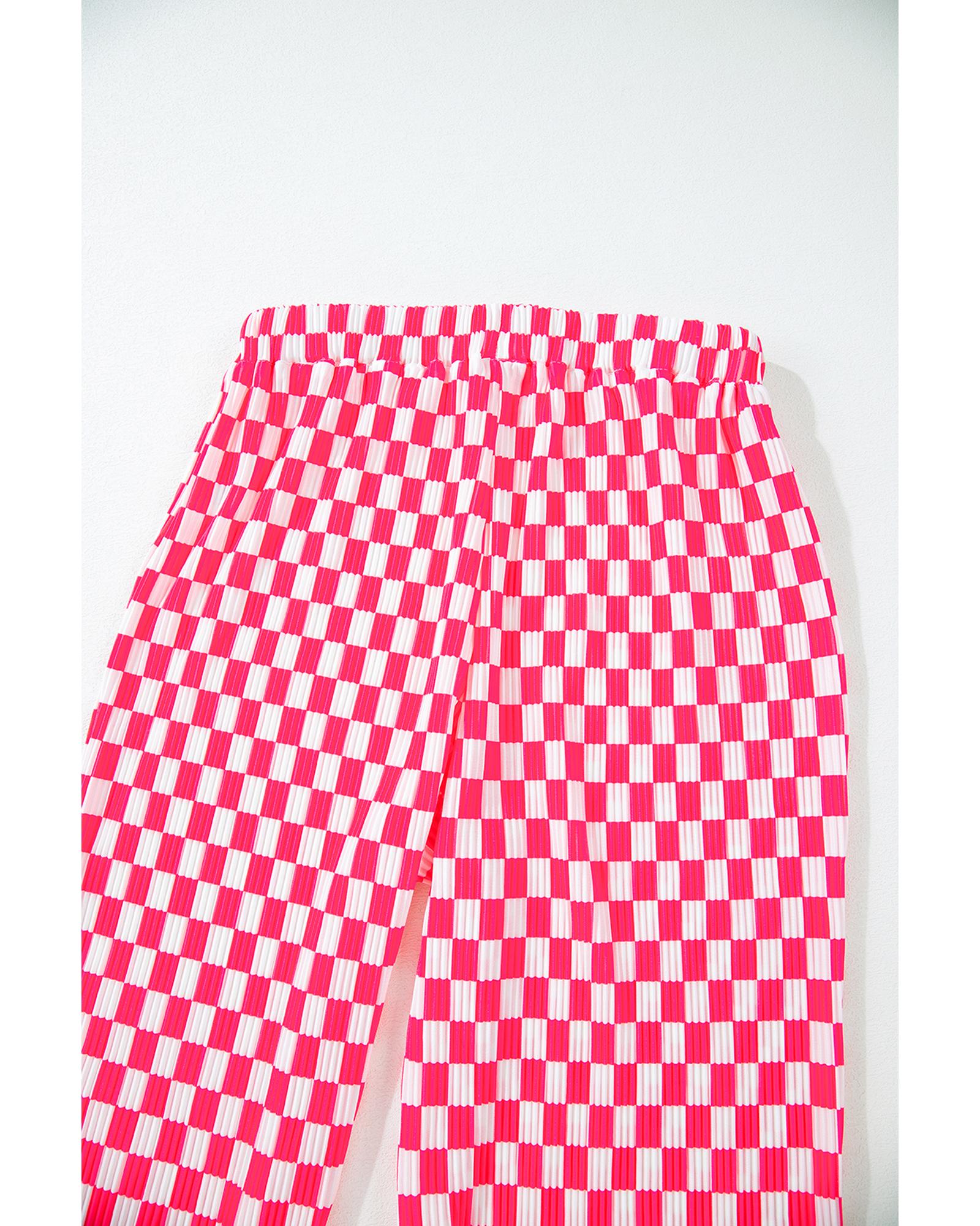 Pink Checkered Buttoned Shirt and High Waist Pants Pajama Set - L
