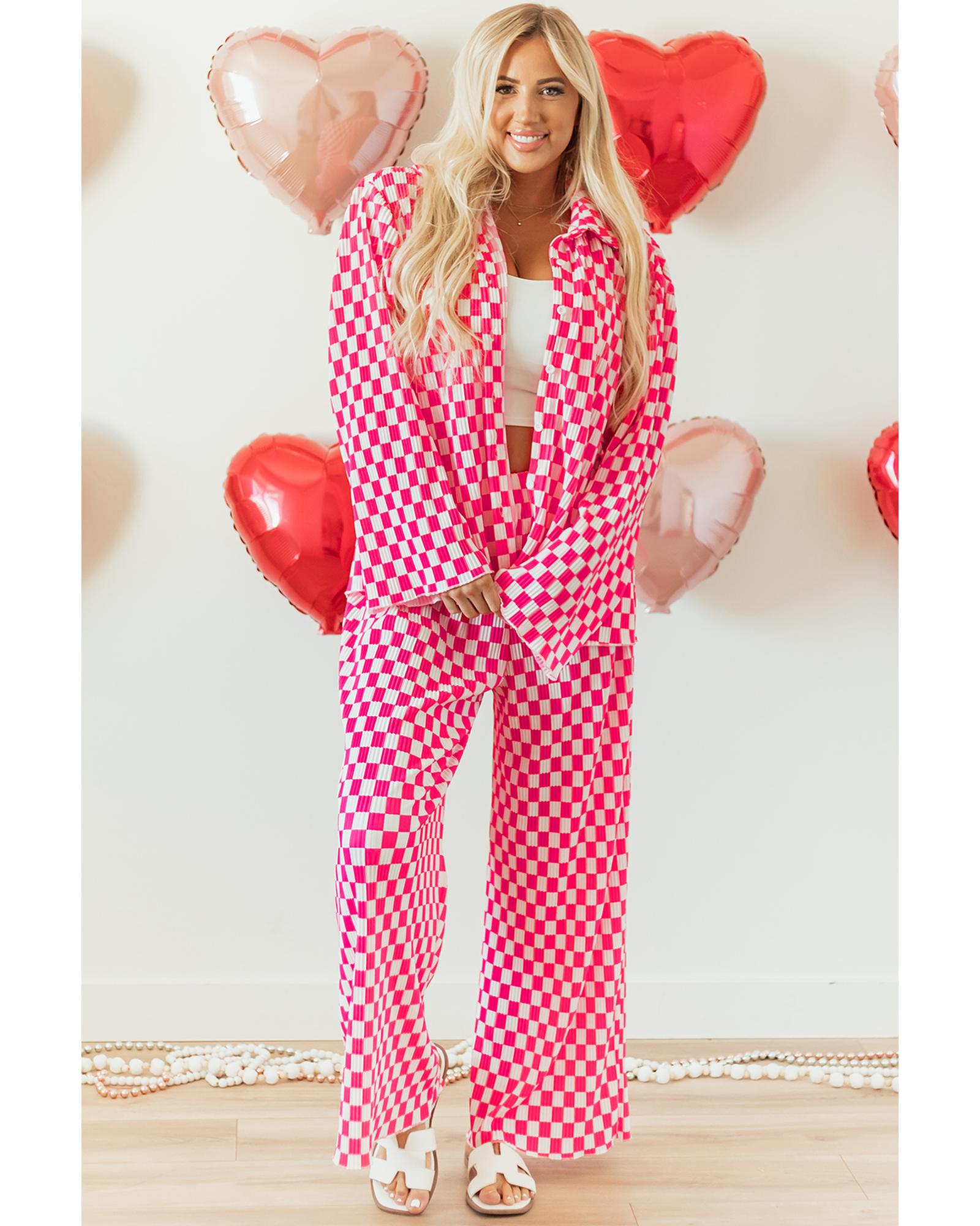 Pink Checkered Buttoned Shirt and High Waist Pants Pajama Set - L