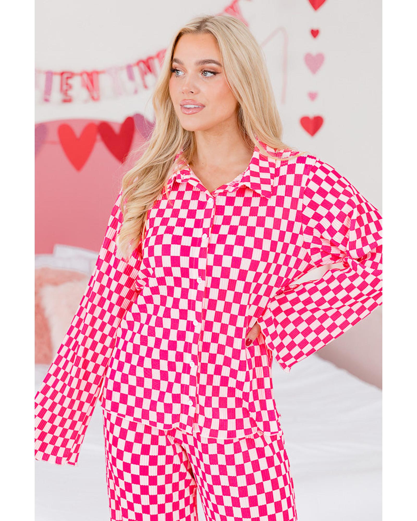Pink Checkered Buttoned Shirt and High Waist Pants Pajama Set - L