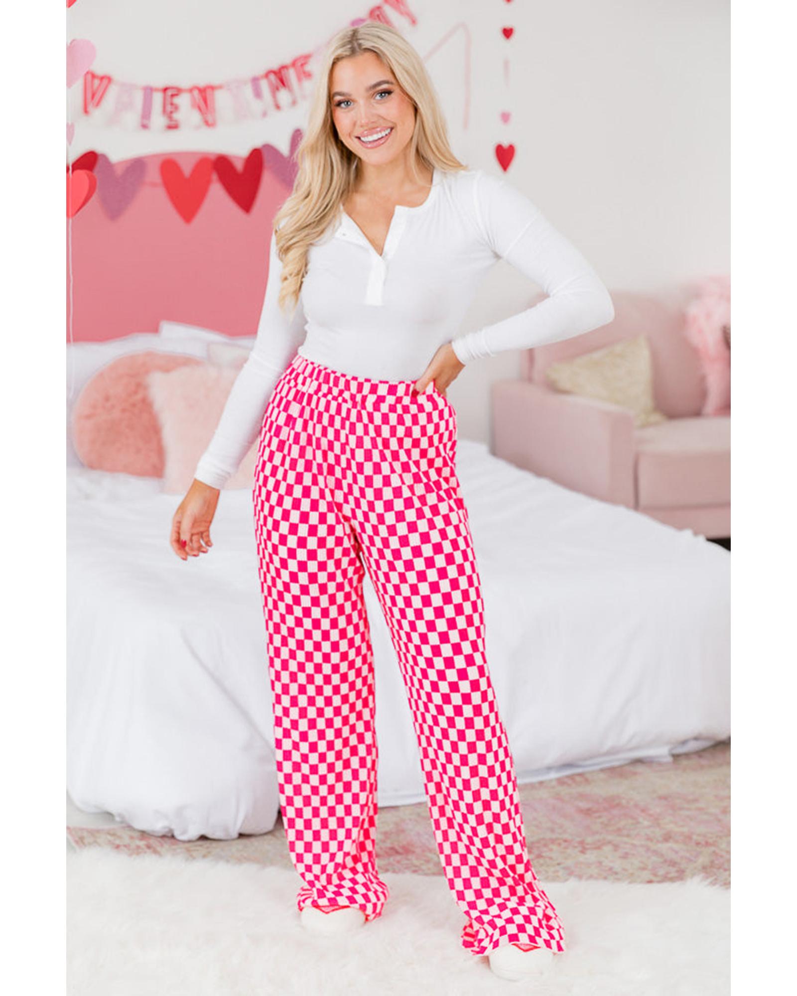 Pink Checkered Buttoned Shirt and High Waist Pants Pajama Set - M