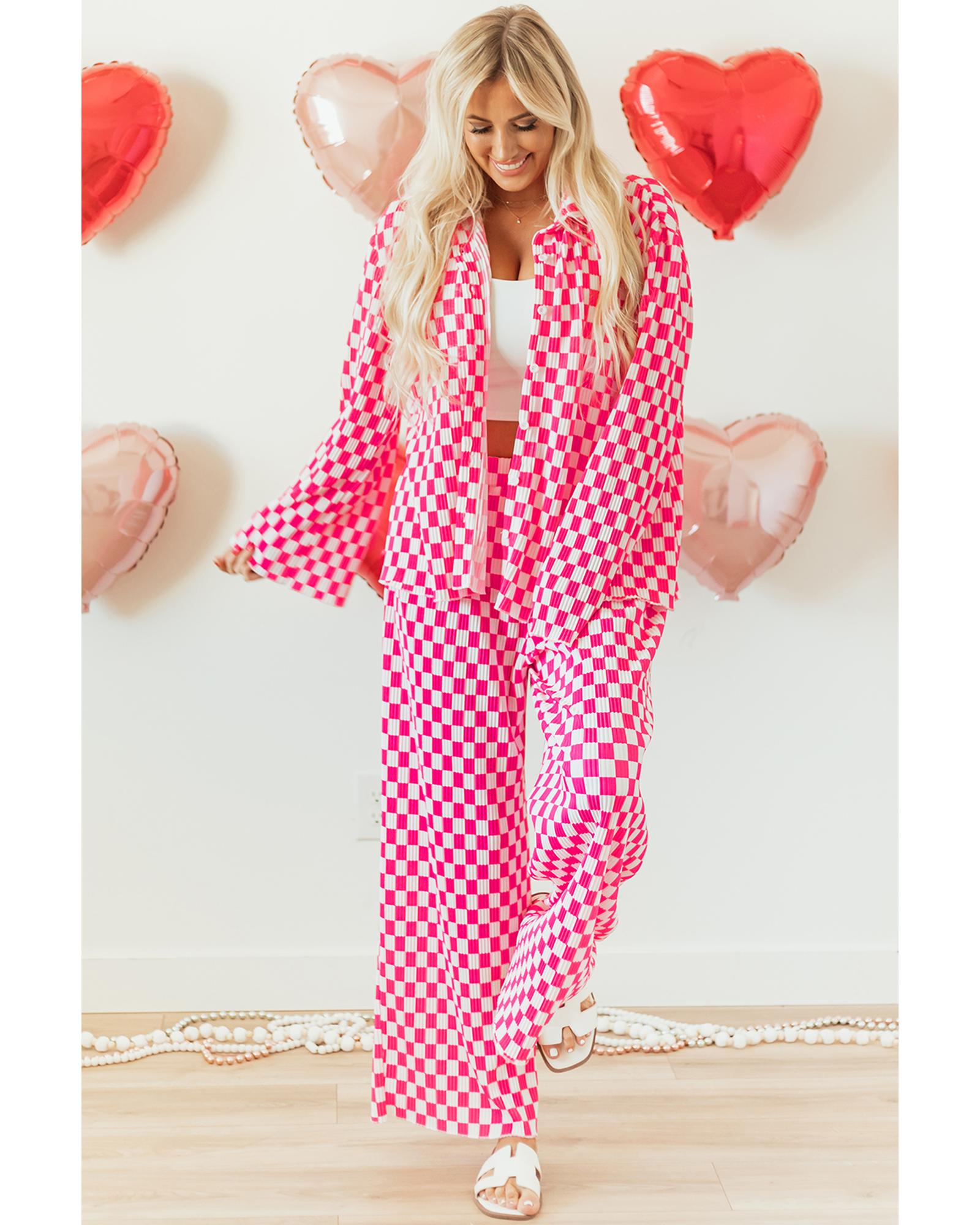 Pink Checkered Buttoned Shirt and High Waist Pants Pajama Set - M