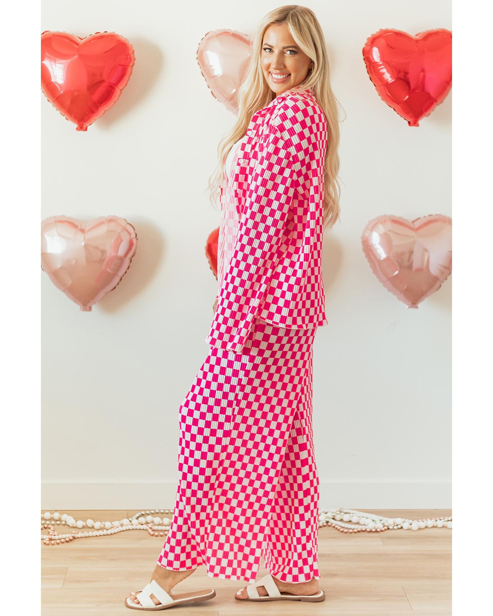 Pink Checkered Buttoned Shirt and High Waist Pants Pajama Set - XL