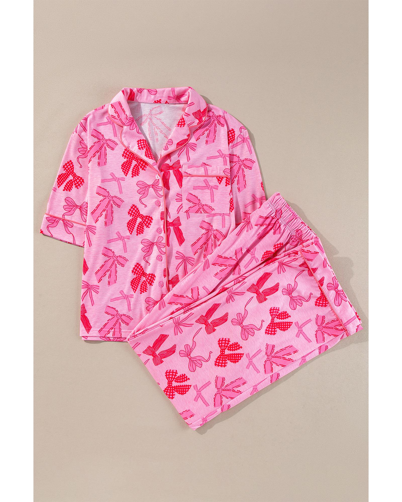 Pink Bow Knot Print Lapel Collar Short Sleeve and Pants Pajamas Set - L