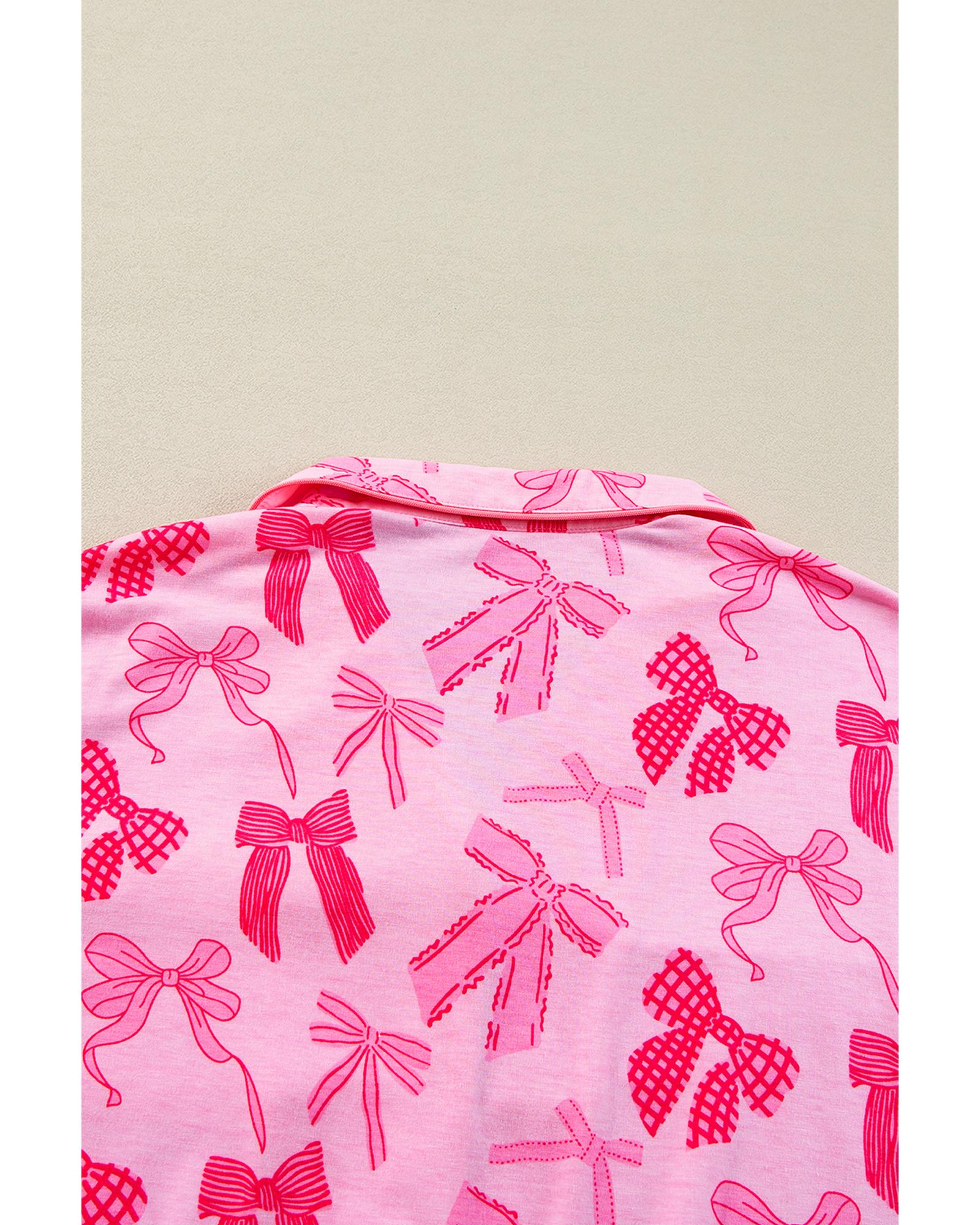 Pink Bow Knot Print Lapel Collar Short Sleeve and Pants Pajamas Set - M