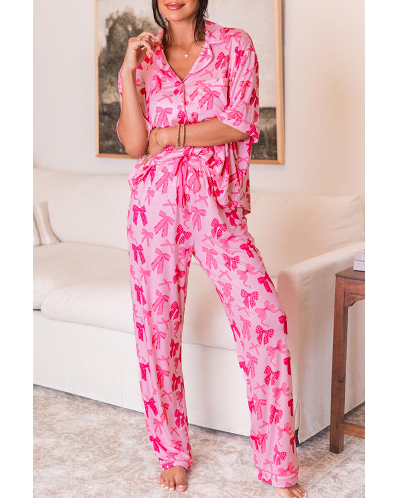 Pink Bow Knot Print Lapel Collar Short Sleeve and Pants Pajamas Set - M