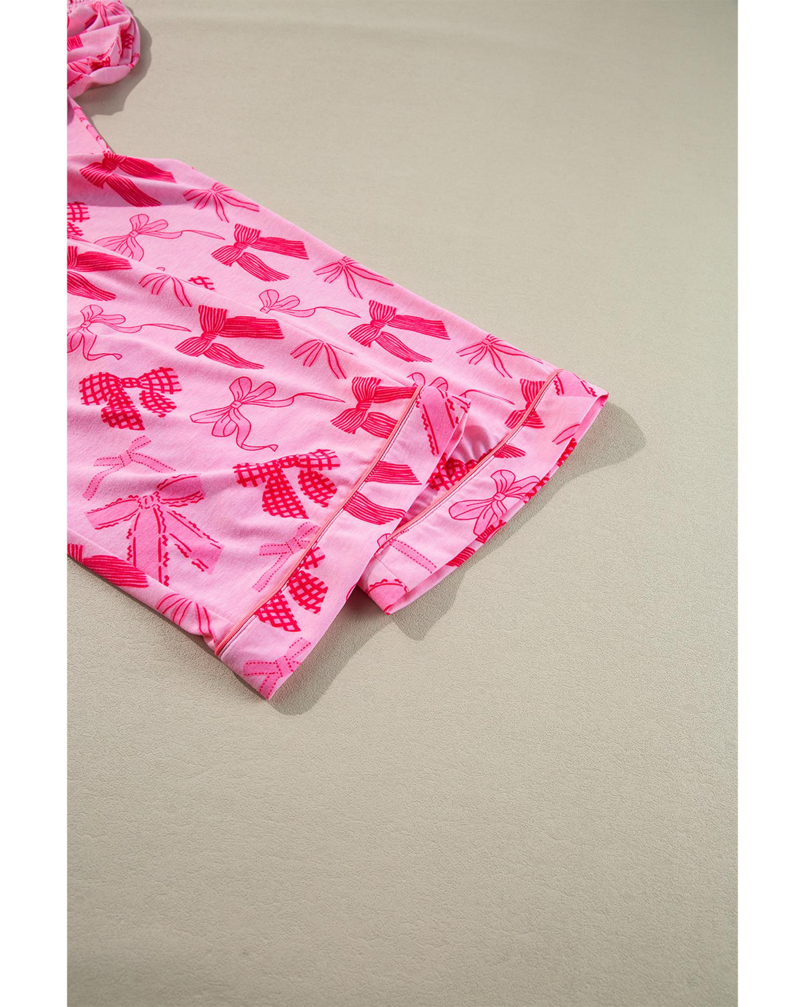 Pink Bow Knot Print Lapel Collar Short Sleeve and Pants Pajamas Set - M