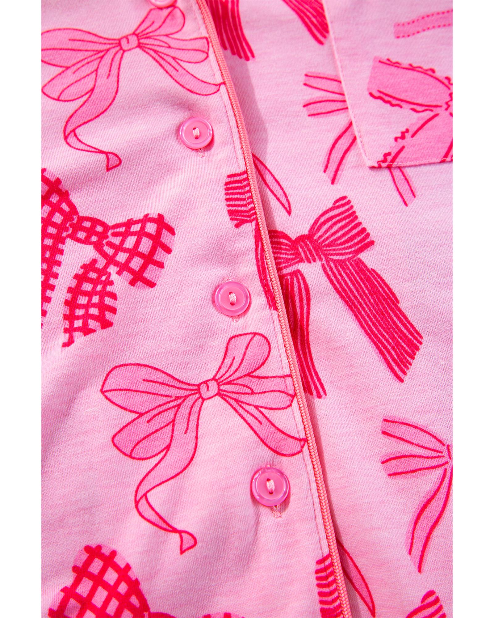 Pink Bow Knot Print Lapel Collar Short Sleeve and Pants Pajamas Set - M