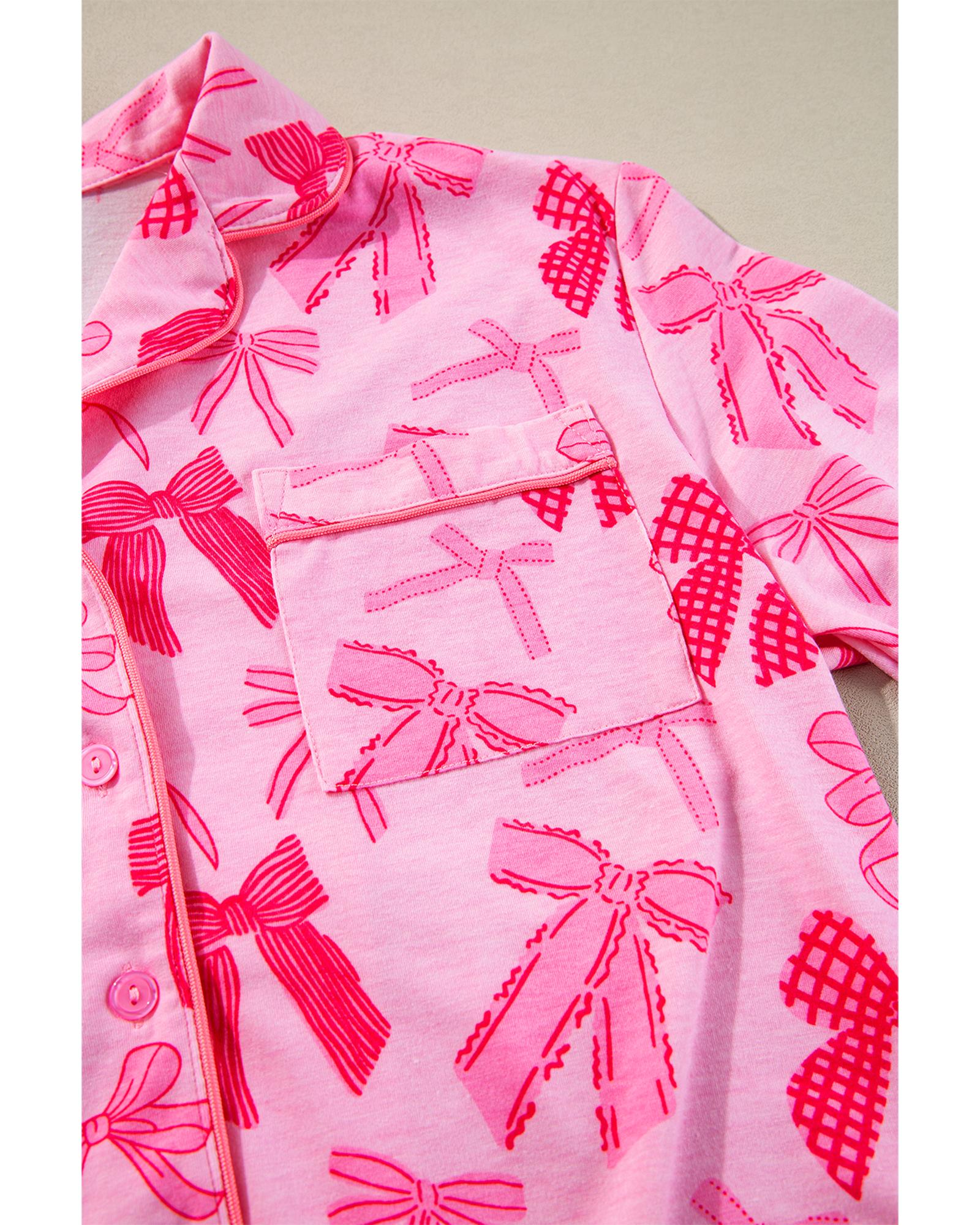Pink Bow Knot Print Lapel Collar Short Sleeve and Pants Pajamas Set - M