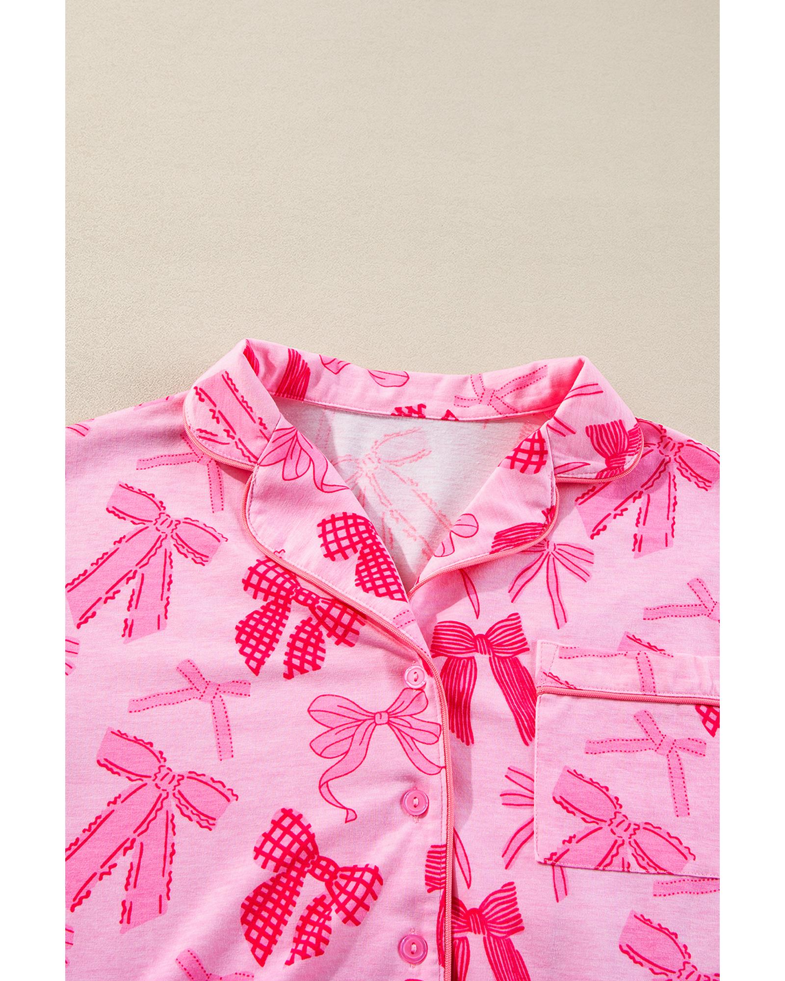 Pink Bow Knot Print Lapel Collar Short Sleeve and Pants Pajamas Set - M