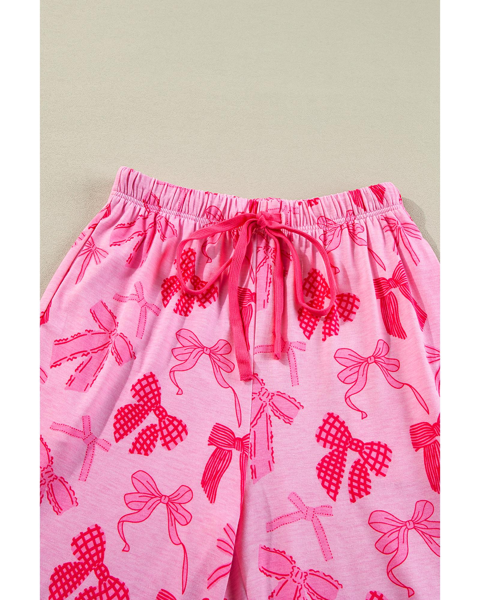Pink Bow Knot Print Lapel Collar Short Sleeve and Pants Pajamas Set - M