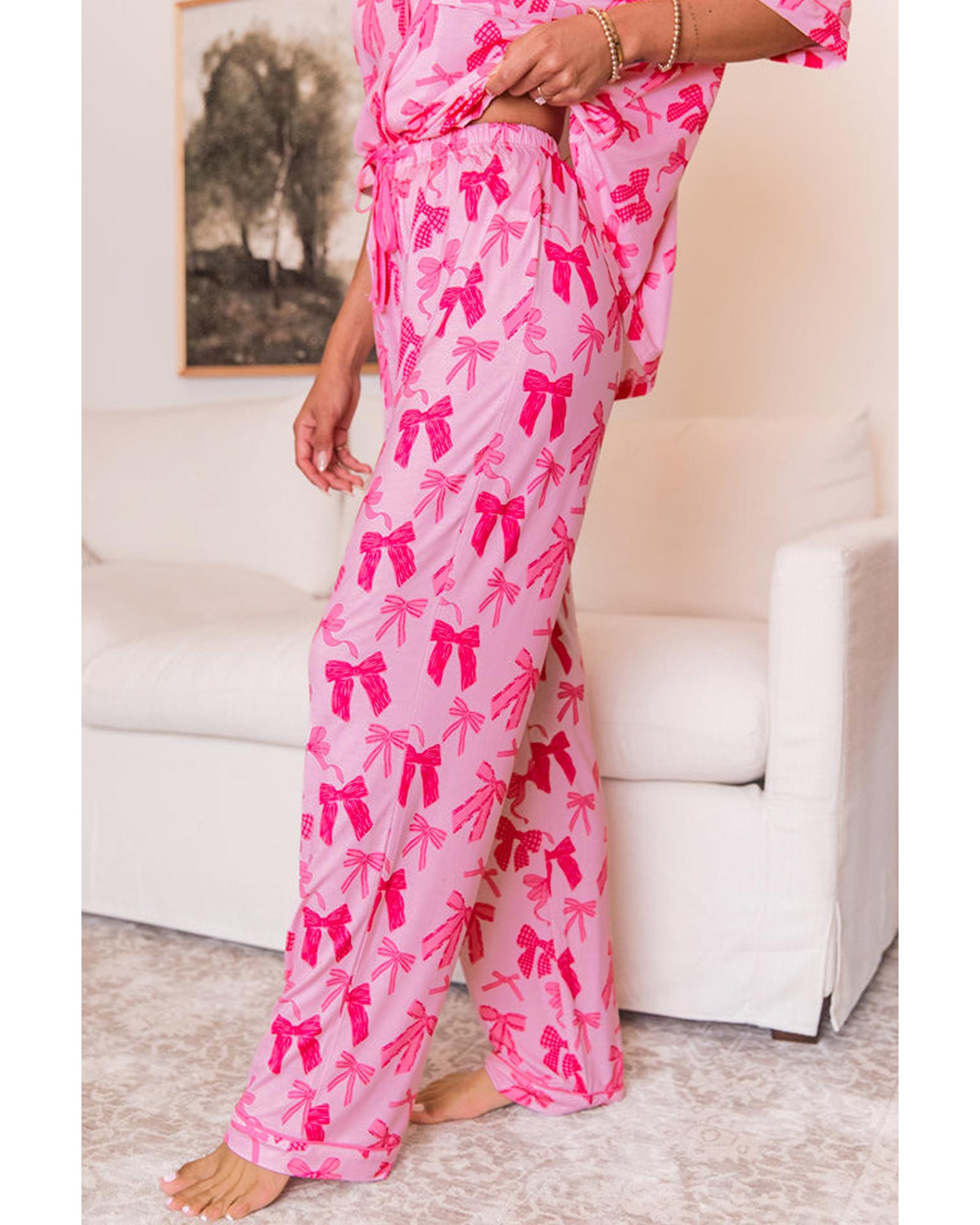 Pink Bow Knot Print Lapel Collar Short Sleeve and Pants Pajamas Set - S