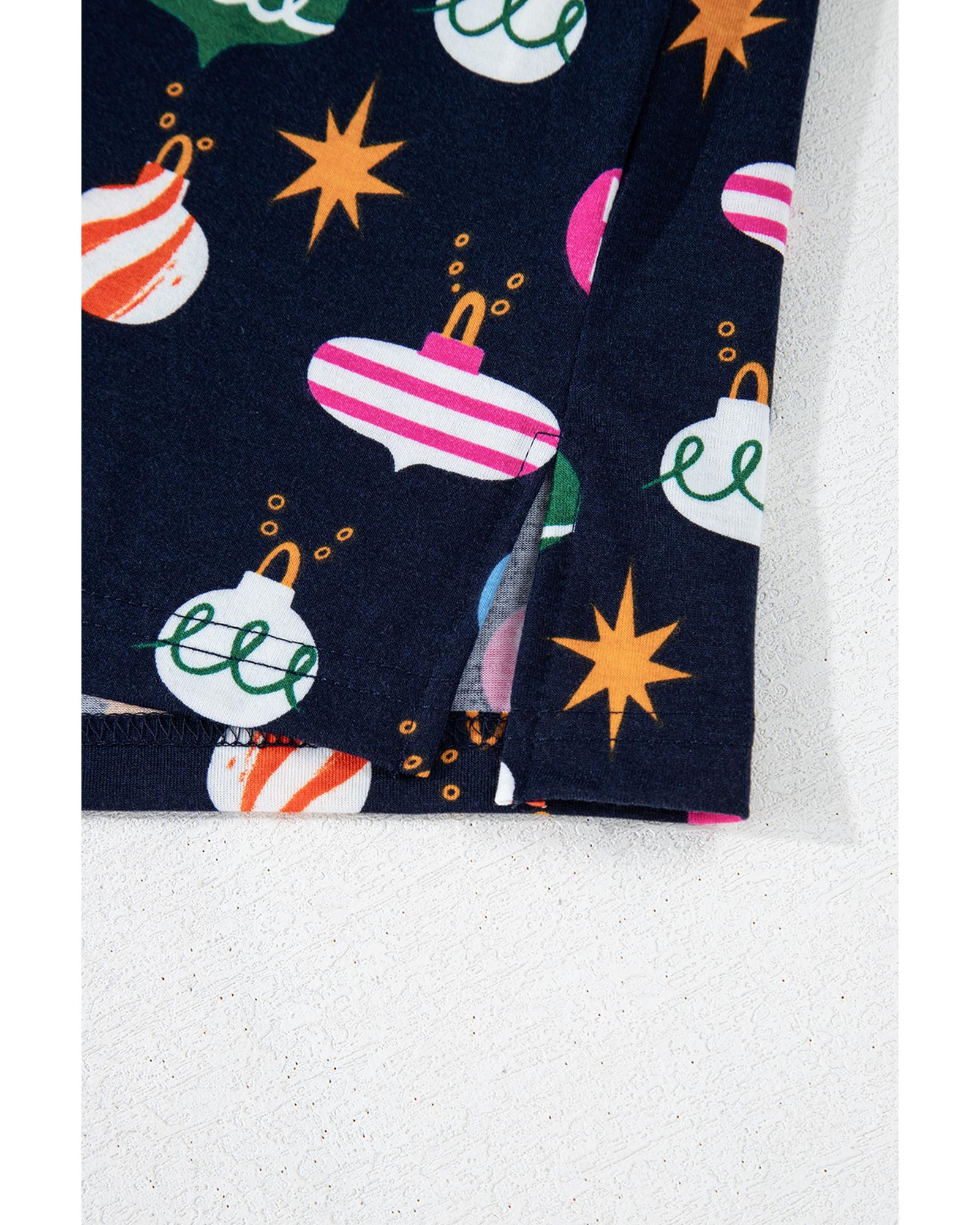 Navy Blue Colorful Christmas Lights Print Shirt and Pants Pajama Set - S